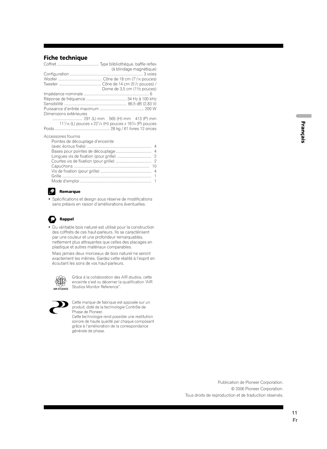 Pioneer S-2EX manual Fiche technique, Franç ais, Remarque, Rappel 