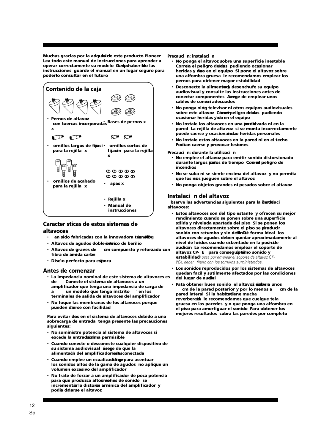 Pioneer S-2EX manual Contenido de la caja, Características de estos sistemas de altavoces, Antes de comenzar 