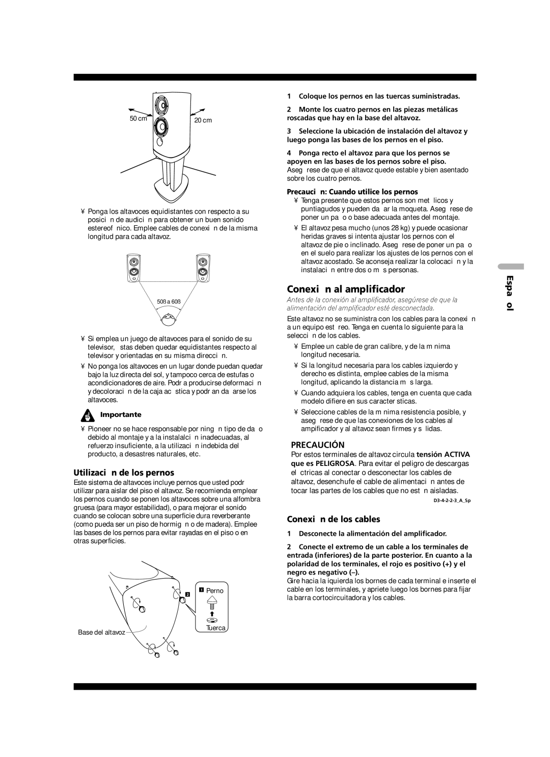 Pioneer S-2EX manual Conexión al amplificador, Utilización de los pernos, Conexión de los cables, Españ ol, Importante 