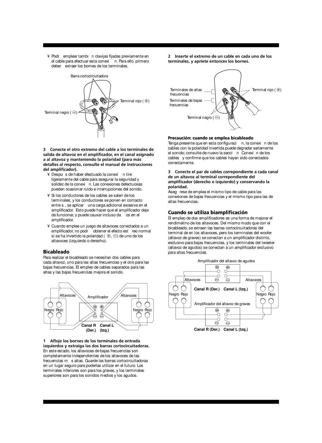 Pioneer S-2EX manual Bicableado, Cuando se utiliza biamplificación, Canal R Canal L Der Izq, Canal R Der Canal L Izq 