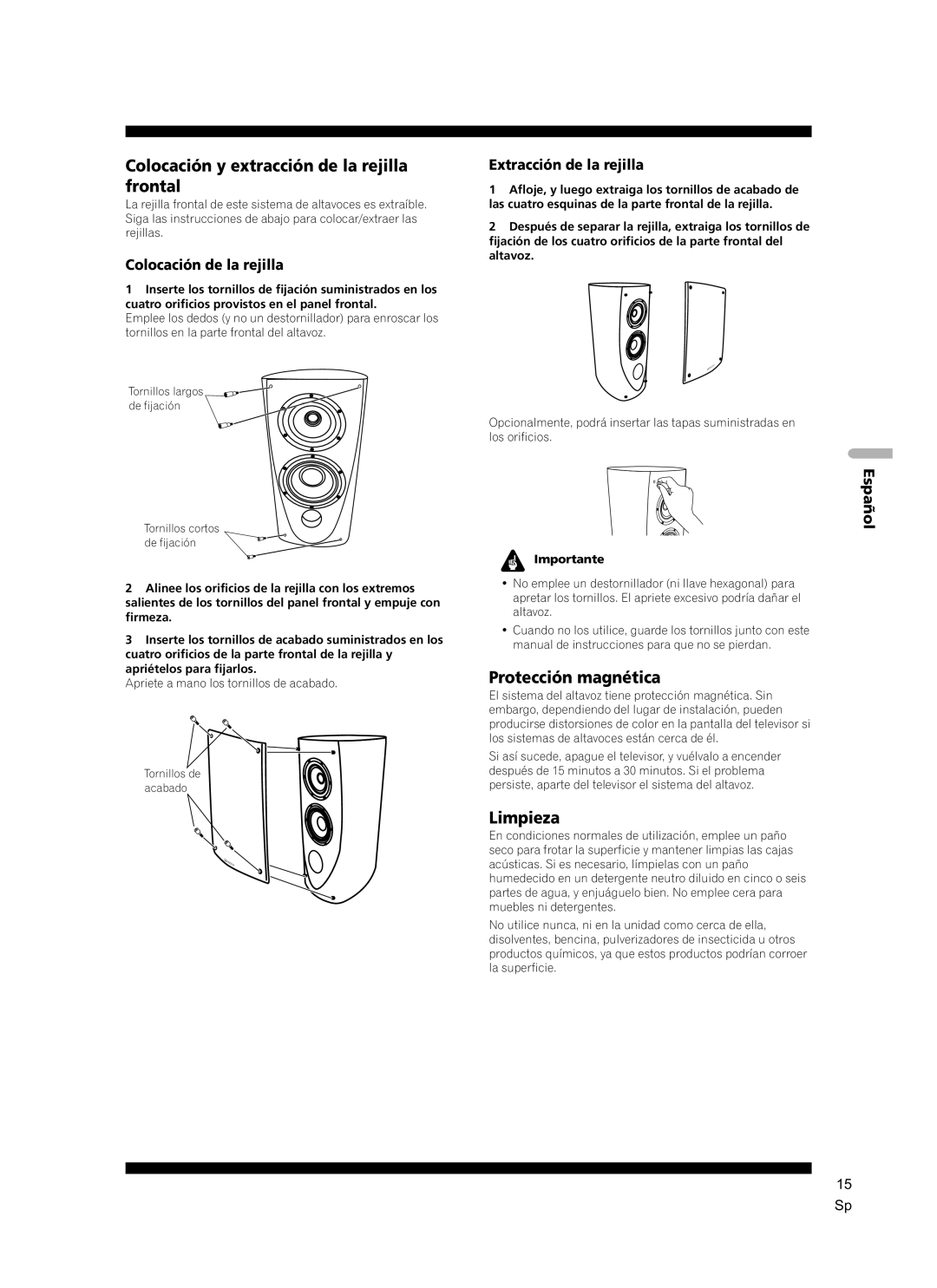 Pioneer S-2EX Colocación y extracción de la rejilla frontal, Protección magnética, Limpieza, Colocación de la rejilla 