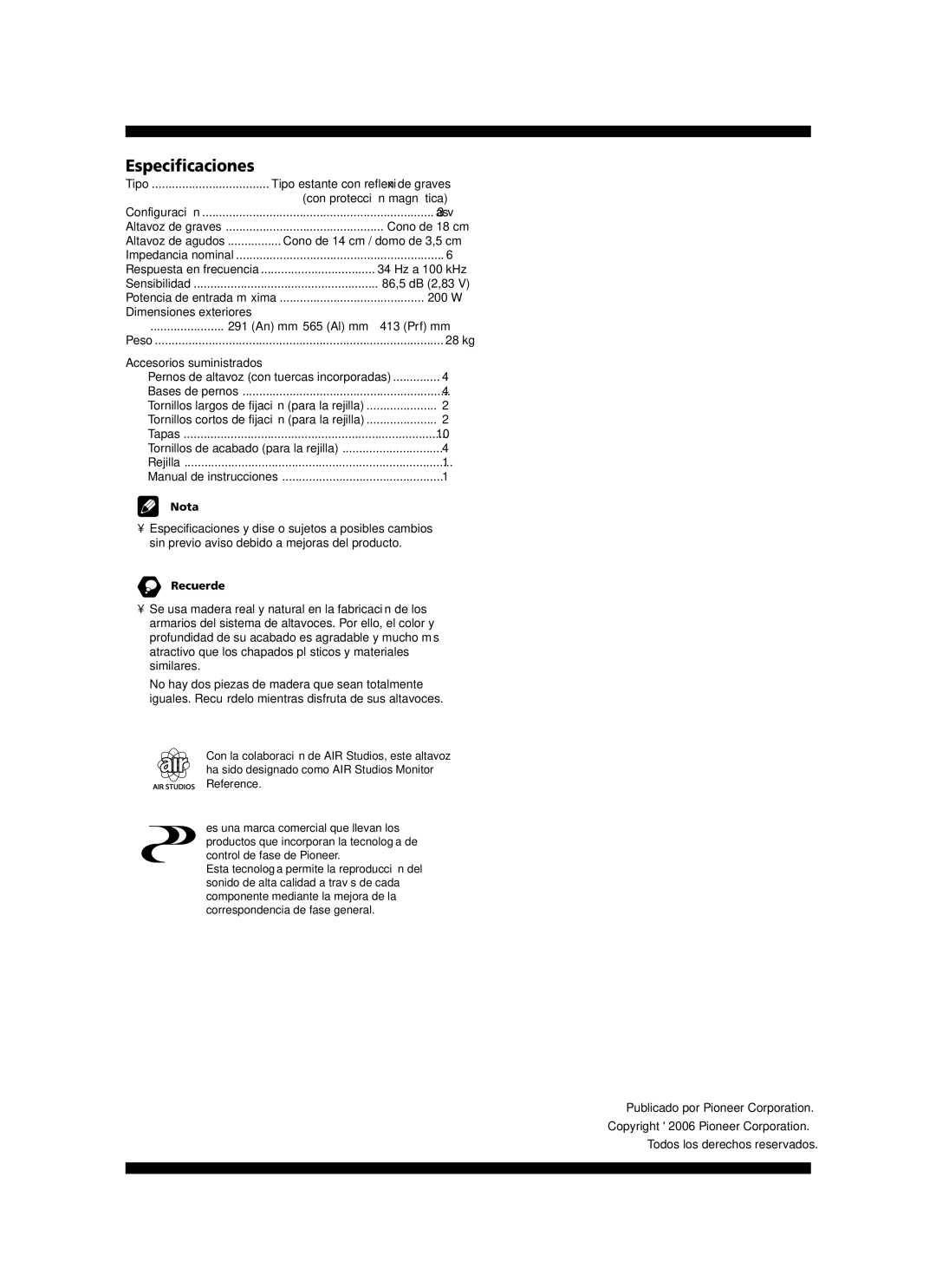 Pioneer S-2EX manual Especificaciones, Nota, Recuerde 