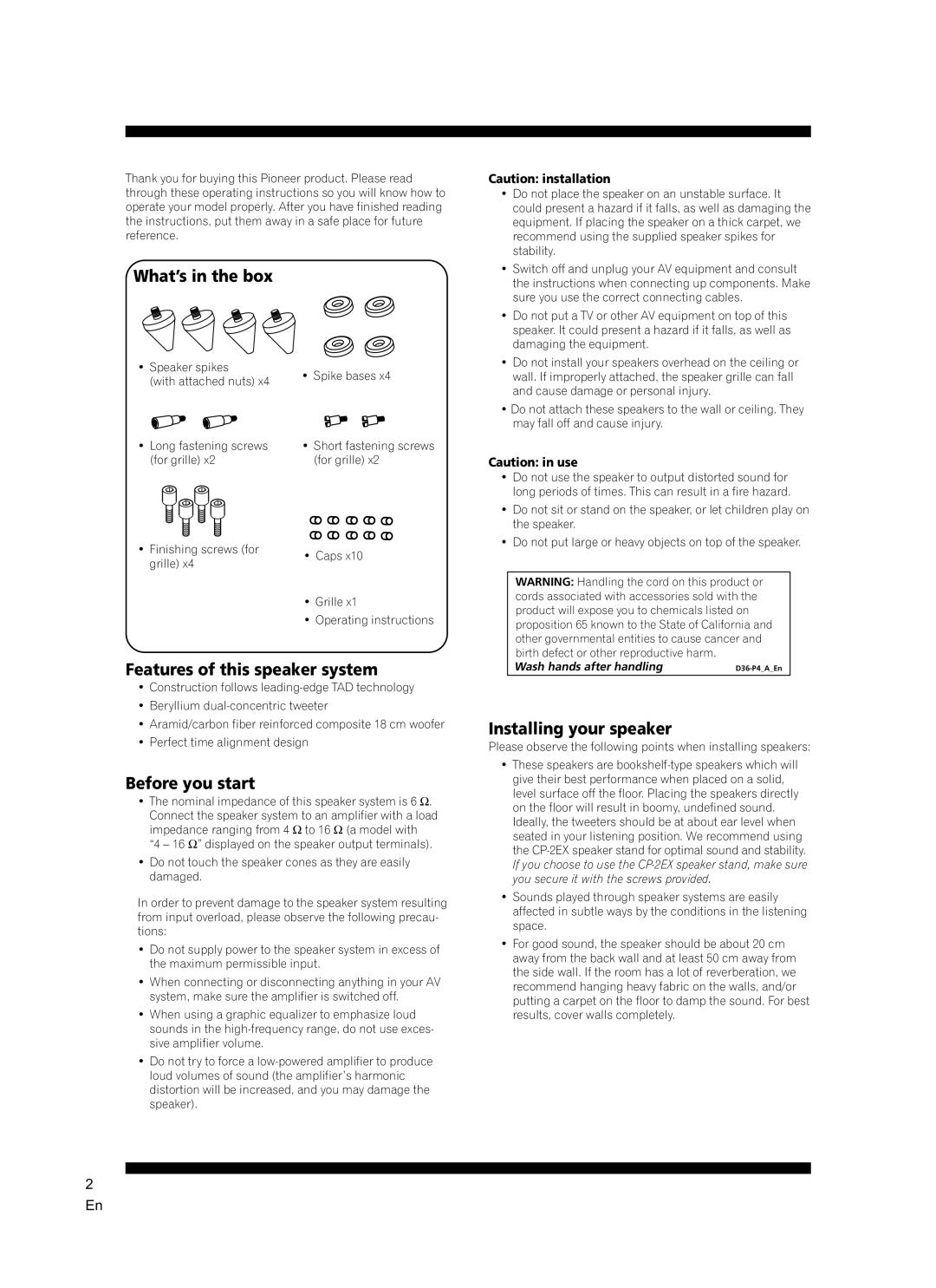 Pioneer S-2EX manual What’s in the box, Features of this speaker system, Before you start, Installing your speaker 