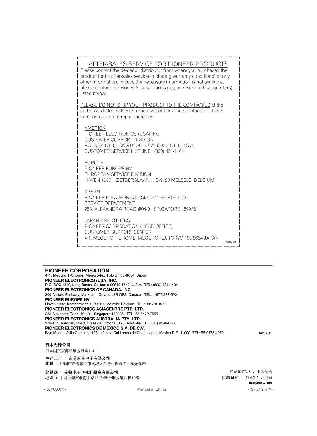 Pioneer S-2EX manual AFTER-SALES Service for Pioneer Products 