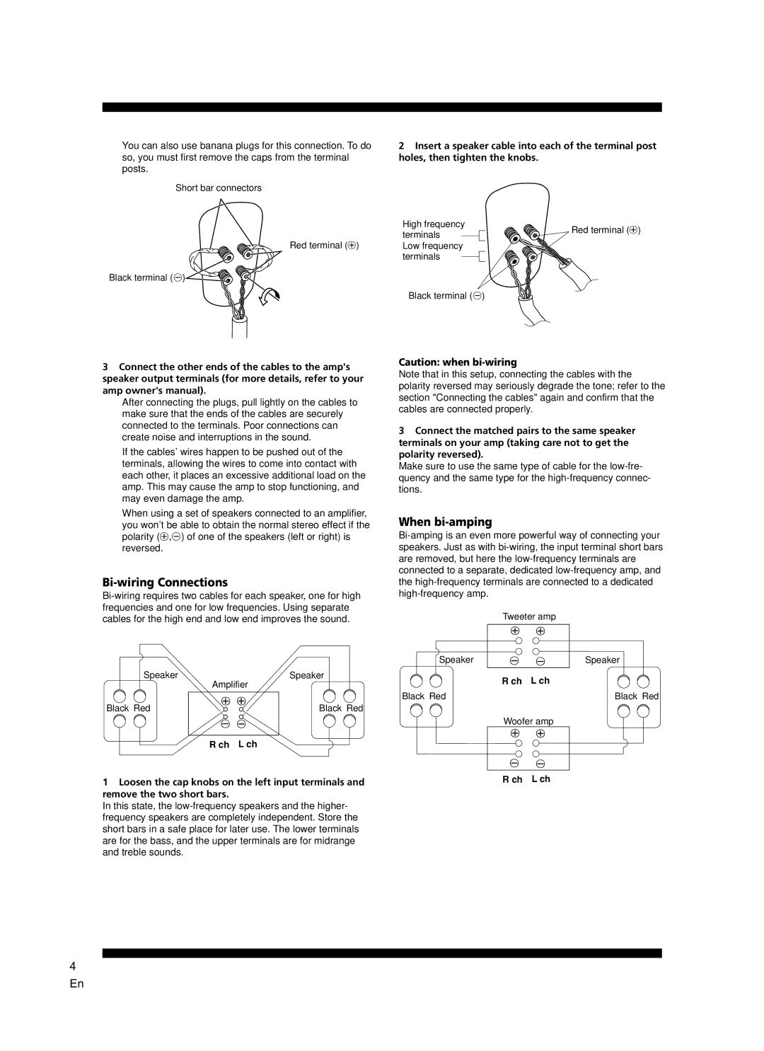 Pioneer S-2EX manual Bi-wiring Connections, When bi-amping, Ch L ch 