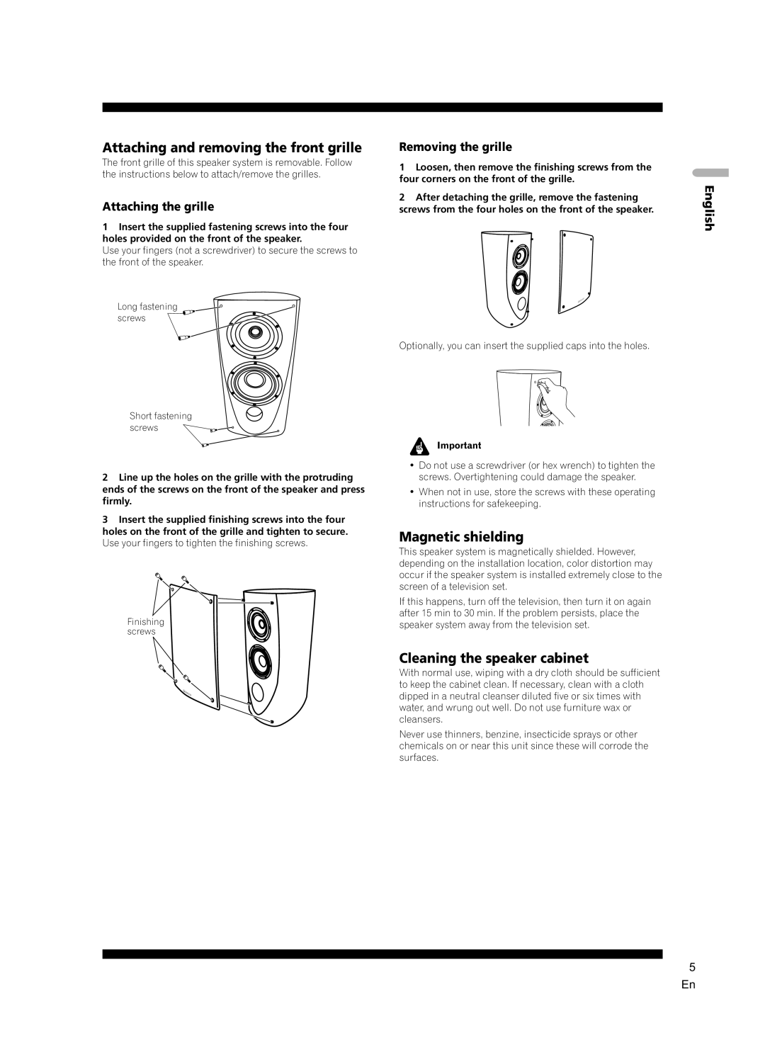 Pioneer S-2EX manual Attaching and removing the front grille, Magnetic shielding, Cleaning the speaker cabinet 