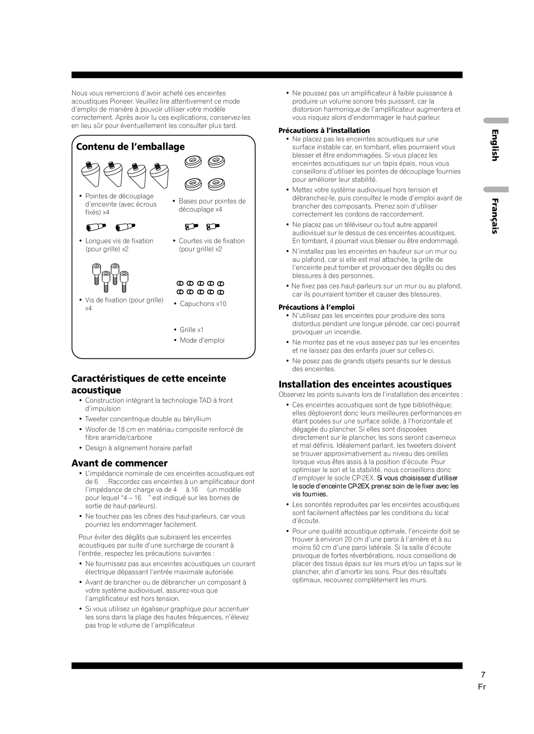 Pioneer S-2EX manual Contenu de l’emballage, Caractéristiques de cette enceinte acoustique, Avant de commencer 