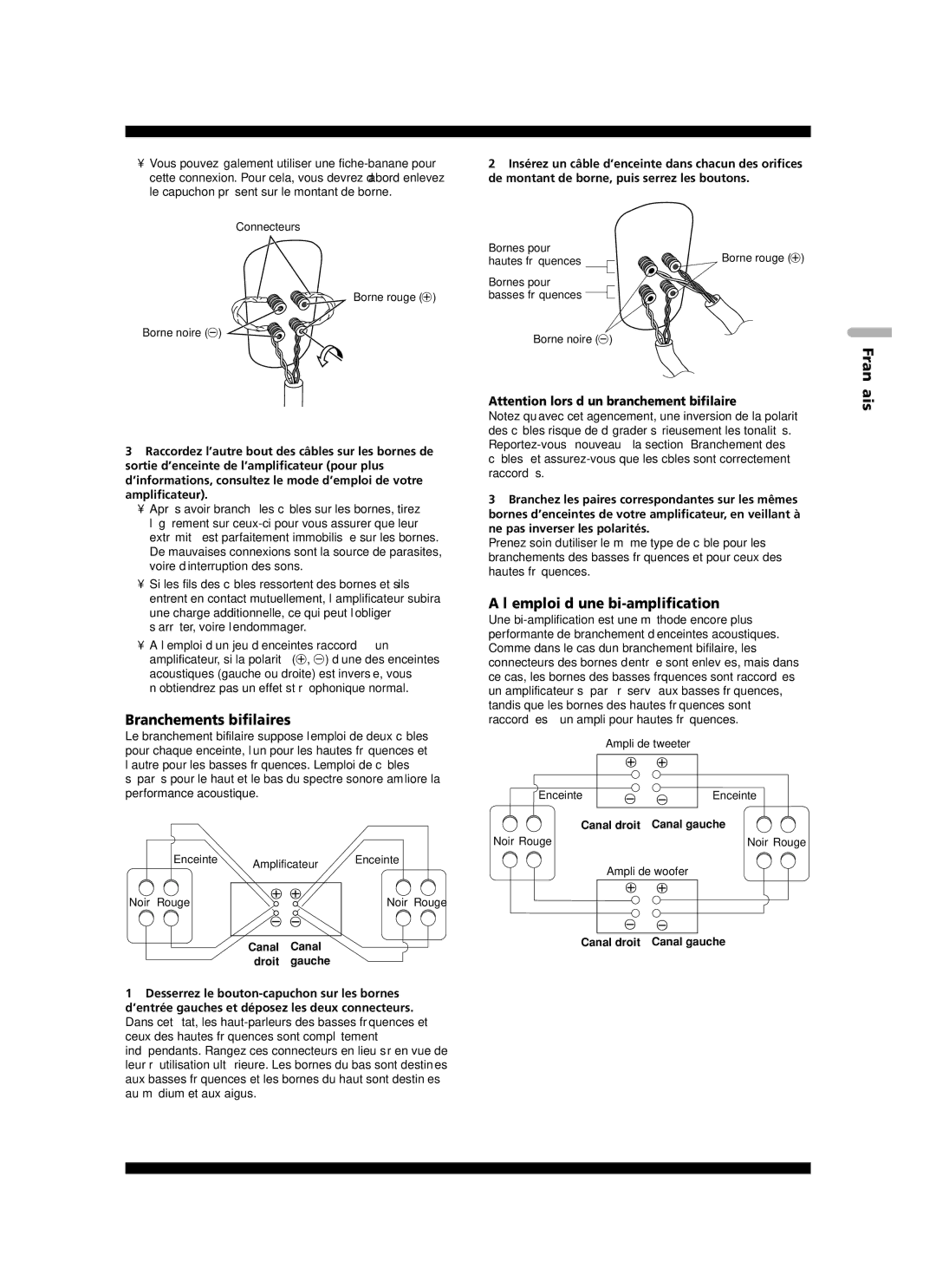 Pioneer S-2EX manual Branchements bifilaires, ’emploi d’une bi-amplification, Canal droit Canal gauche 