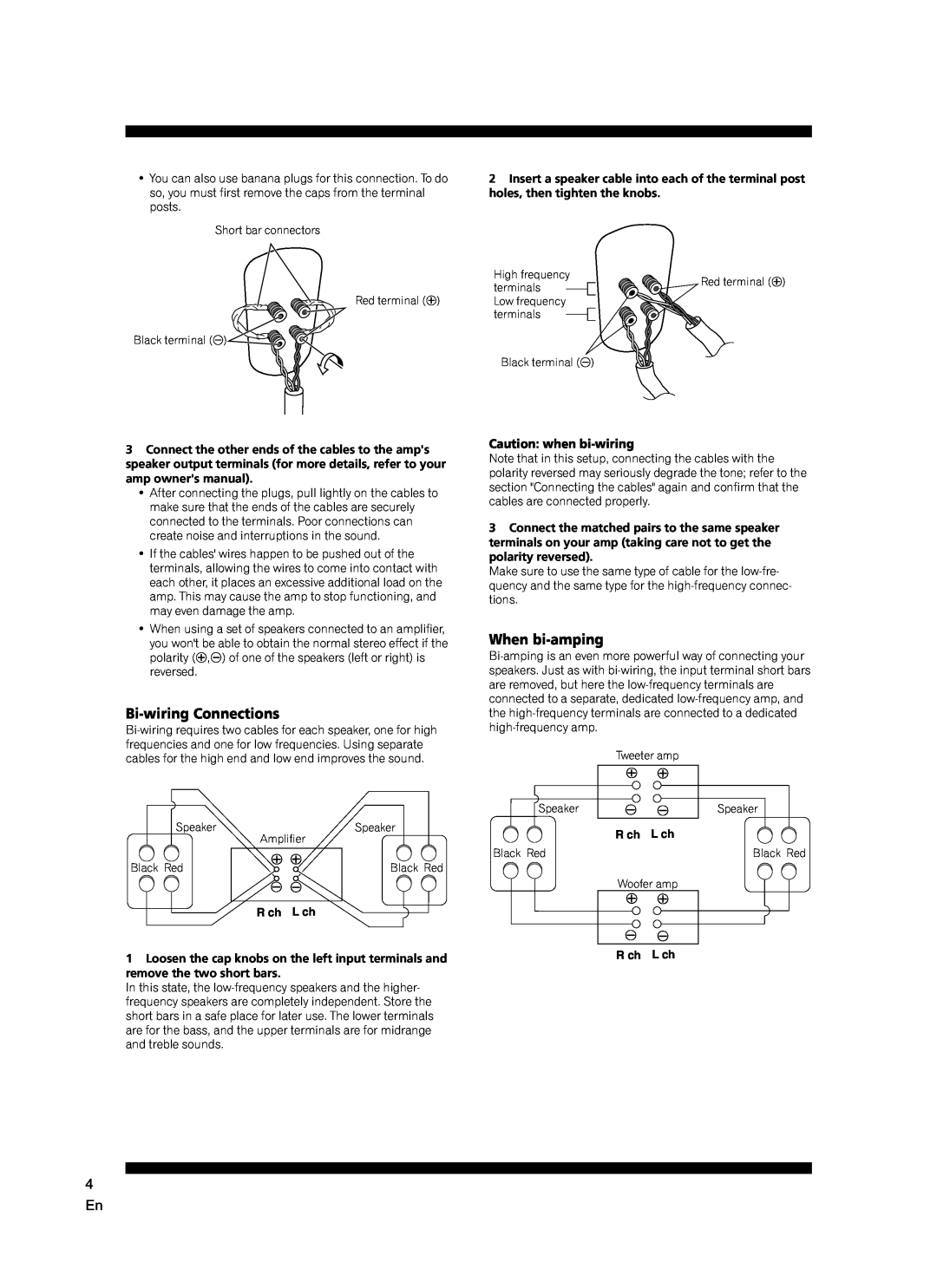 Pioneer S-2EX manual Bi-wiringConnections, When bi-amping, 4 En, Caution when bi-wiring 