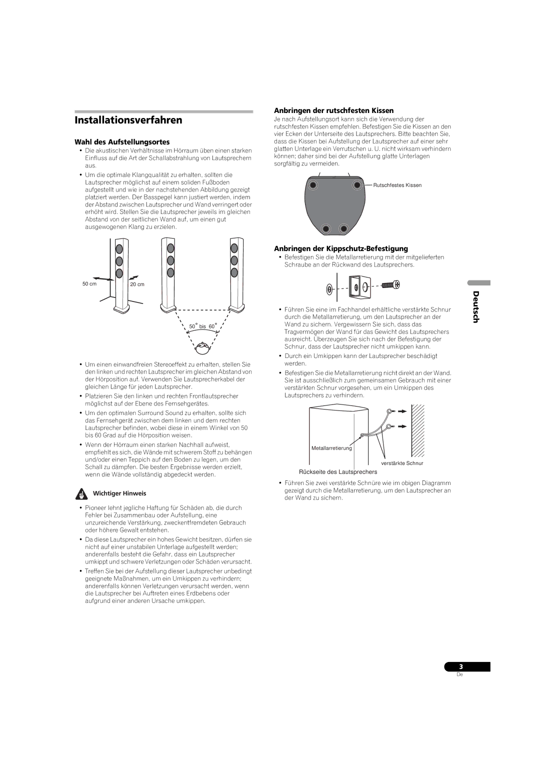 Pioneer S-31-LR-K manual Installationsverfahren, Deutsch, Wahl des Aufstellungsortes, Anbringen der rutschfesten Kissen 