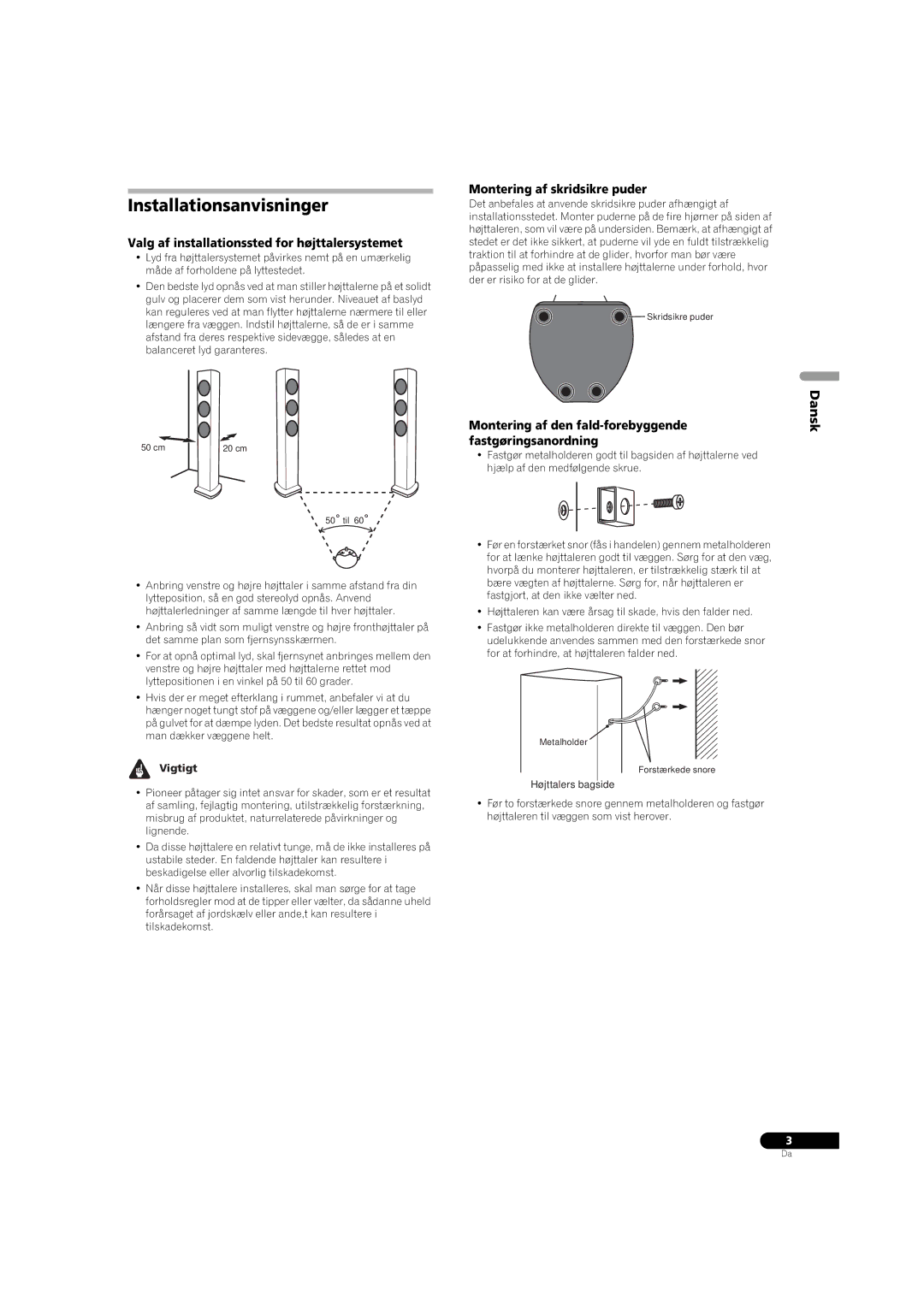 Pioneer S-31-LR-K, S-31-LR-QL manual Installationsanvisninger, Dansk 