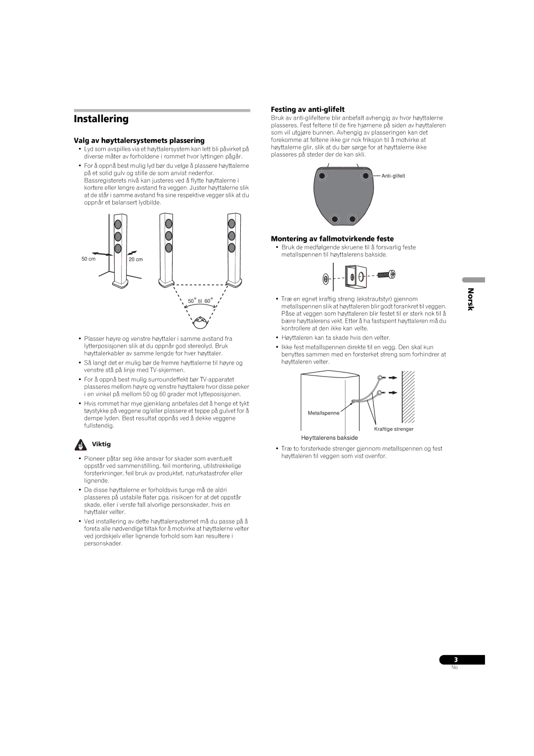 Pioneer S-31-LR-K, S-31-LR-QL manual Installering, Norsk, Valg av høyttalersystemets plassering, Festing av anti-glifelt 