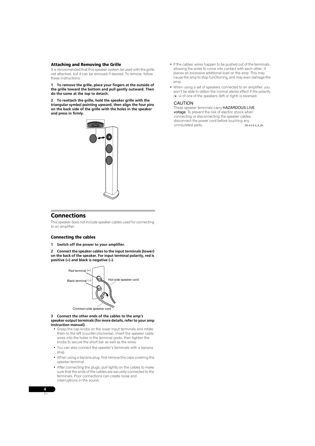 Pioneer S-31-LR-QL, S-31-LR-K manual Connections, Attaching and Removing the Grille, Connecting the cables 