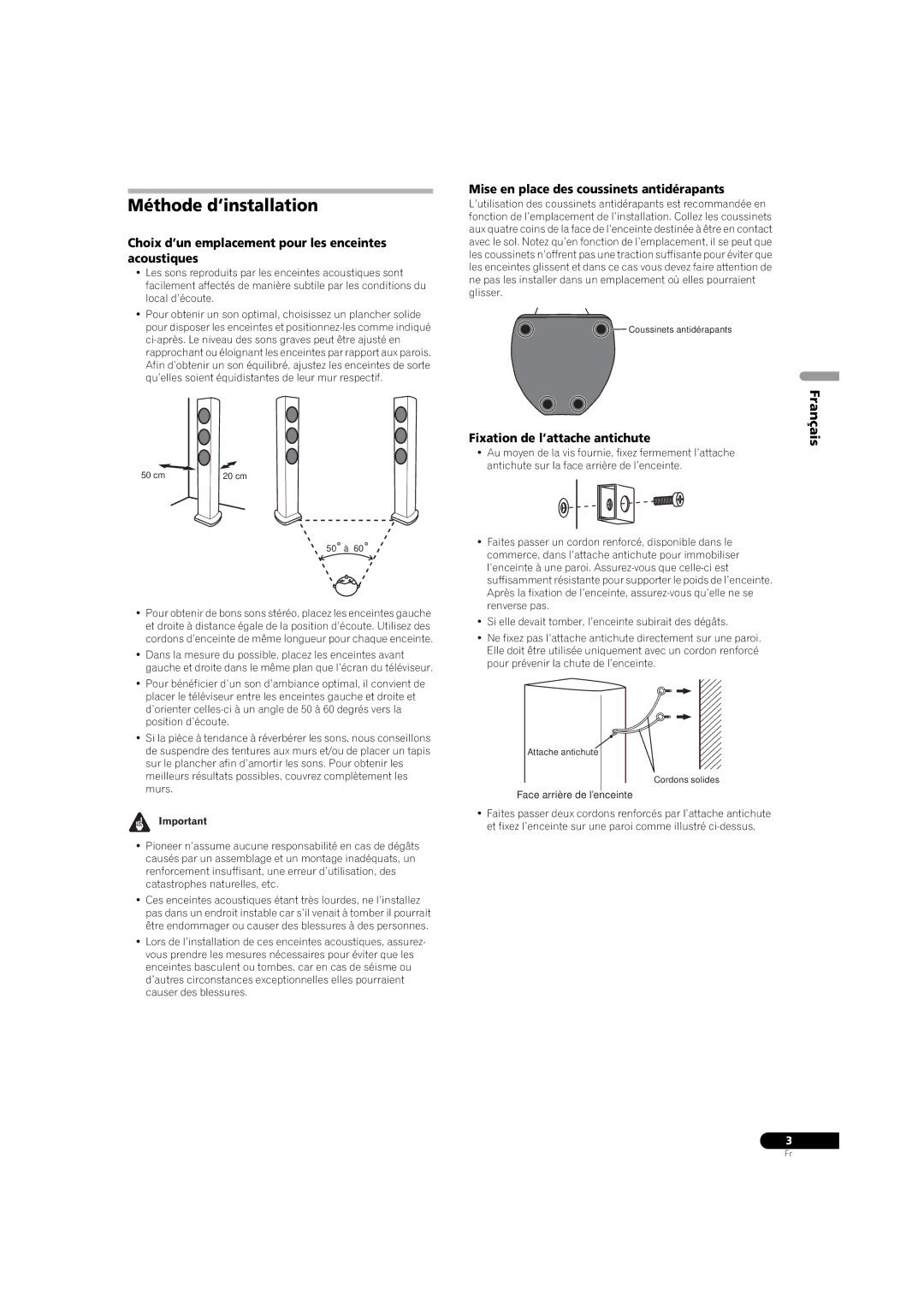 Pioneer S-31-LR-K, S-31-LR-QL manual Méthode d’installation, Français, Choix d’un emplacement pour les enceintes acoustiques 