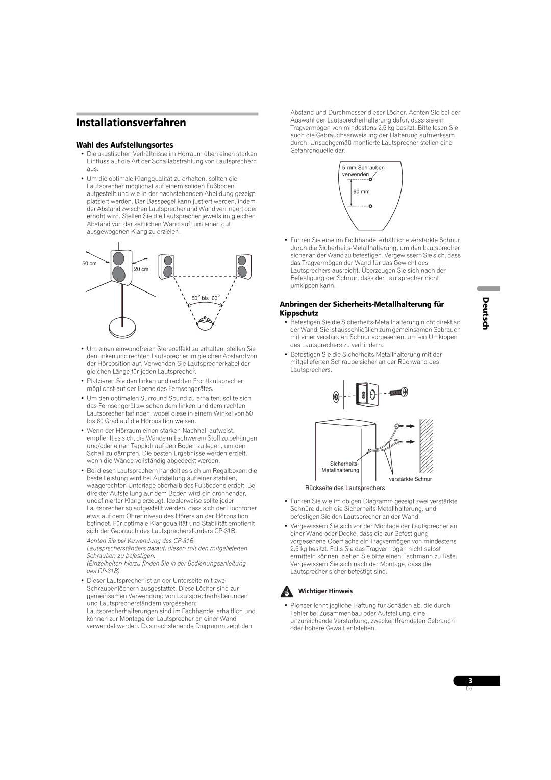 Pioneer S-31B-LR-K manual Installationsverfahren, Wahl des Aufstellungsortes, Anbringen der Sicherheits-Metallhalterung für 