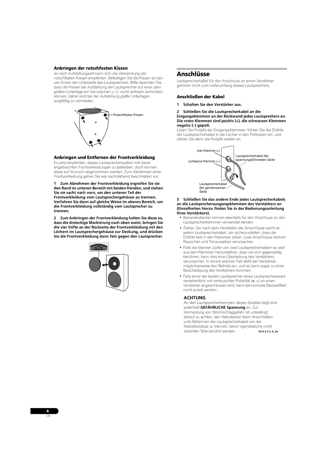 Pioneer S-31B-LR-QL, S-31B-LR-K manual Anschlüsse, Anbringen der rutschfesten Kissen, Anschließen der Kabel, Achtung 