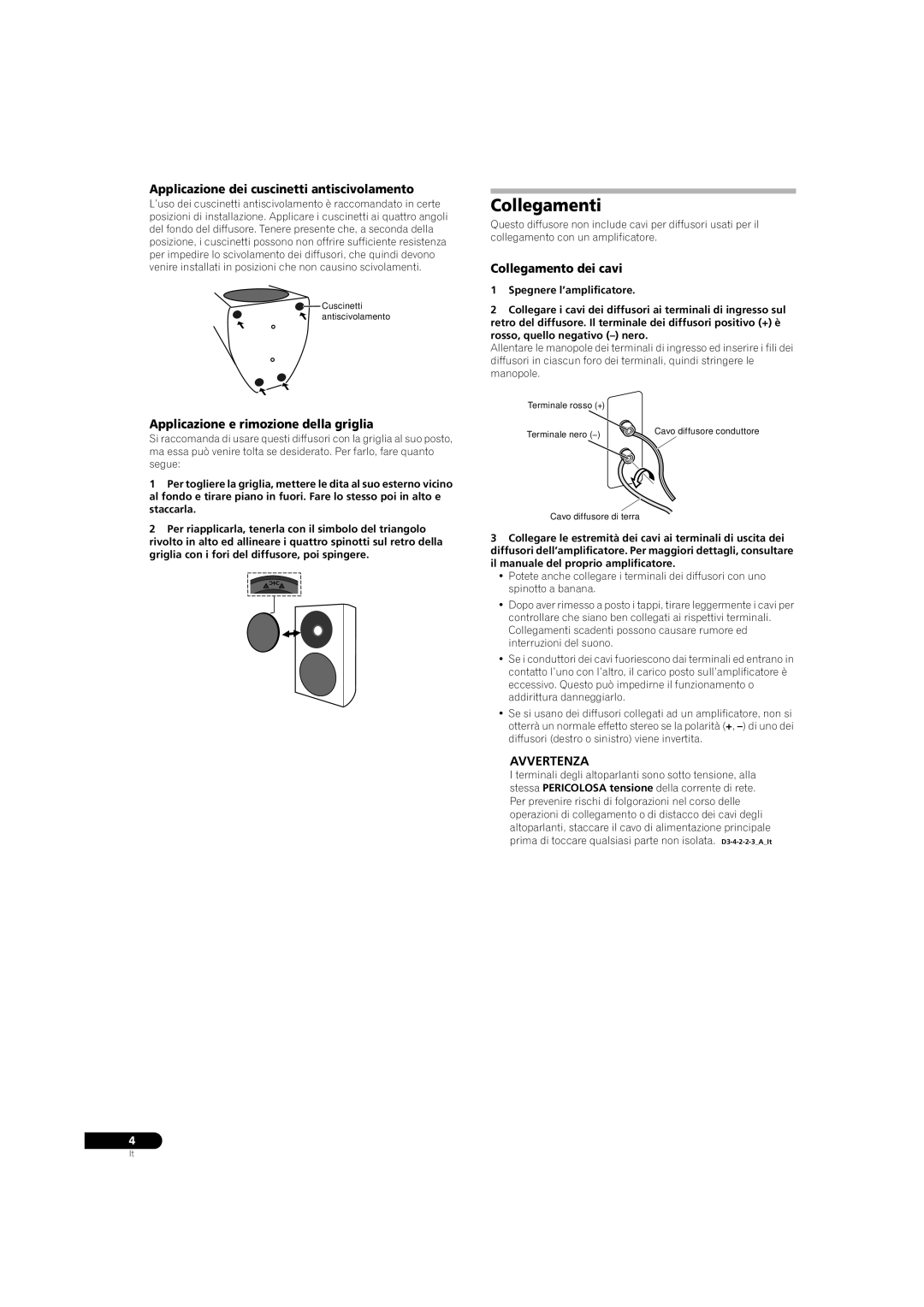 Pioneer S-31B-LR-QL Collegamenti, Applicazione dei cuscinetti antiscivolamento, Applicazione e rimozione della griglia 