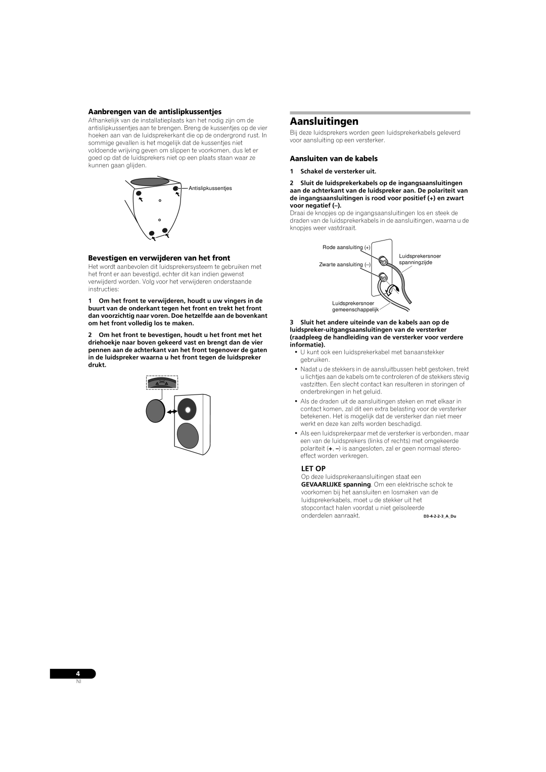 Pioneer S-31B-LR-QL, S-31B-LR-K manual Aansluitingen, Aanbrengen van de antislipkussentjes, Aansluiten van de kabels, Let Op 