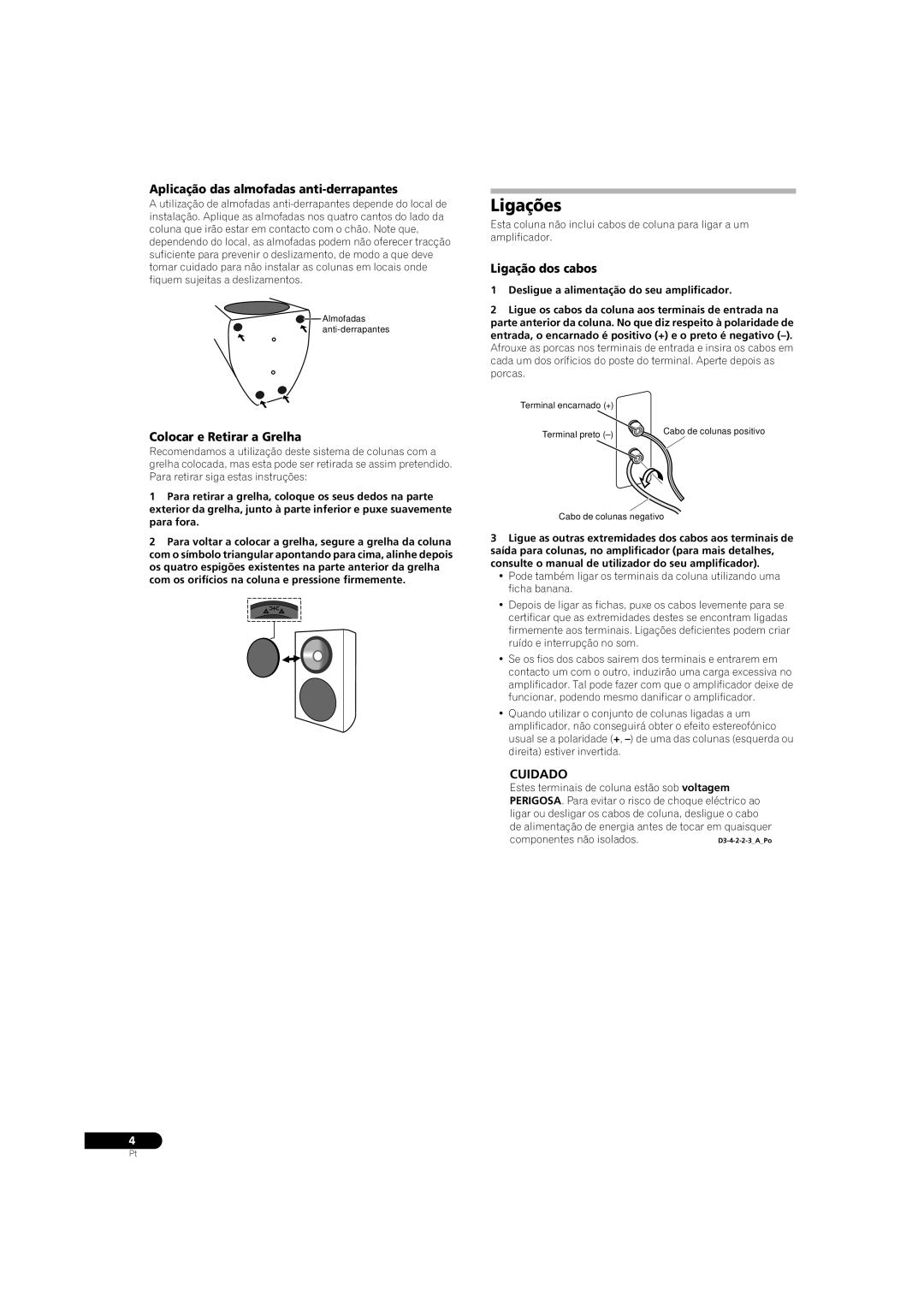 Pioneer S-31B-LR-QL Ligações, Aplicação das almofadas anti-derrapantes, Colocar e Retirar a Grelha, Ligação dos cabos 