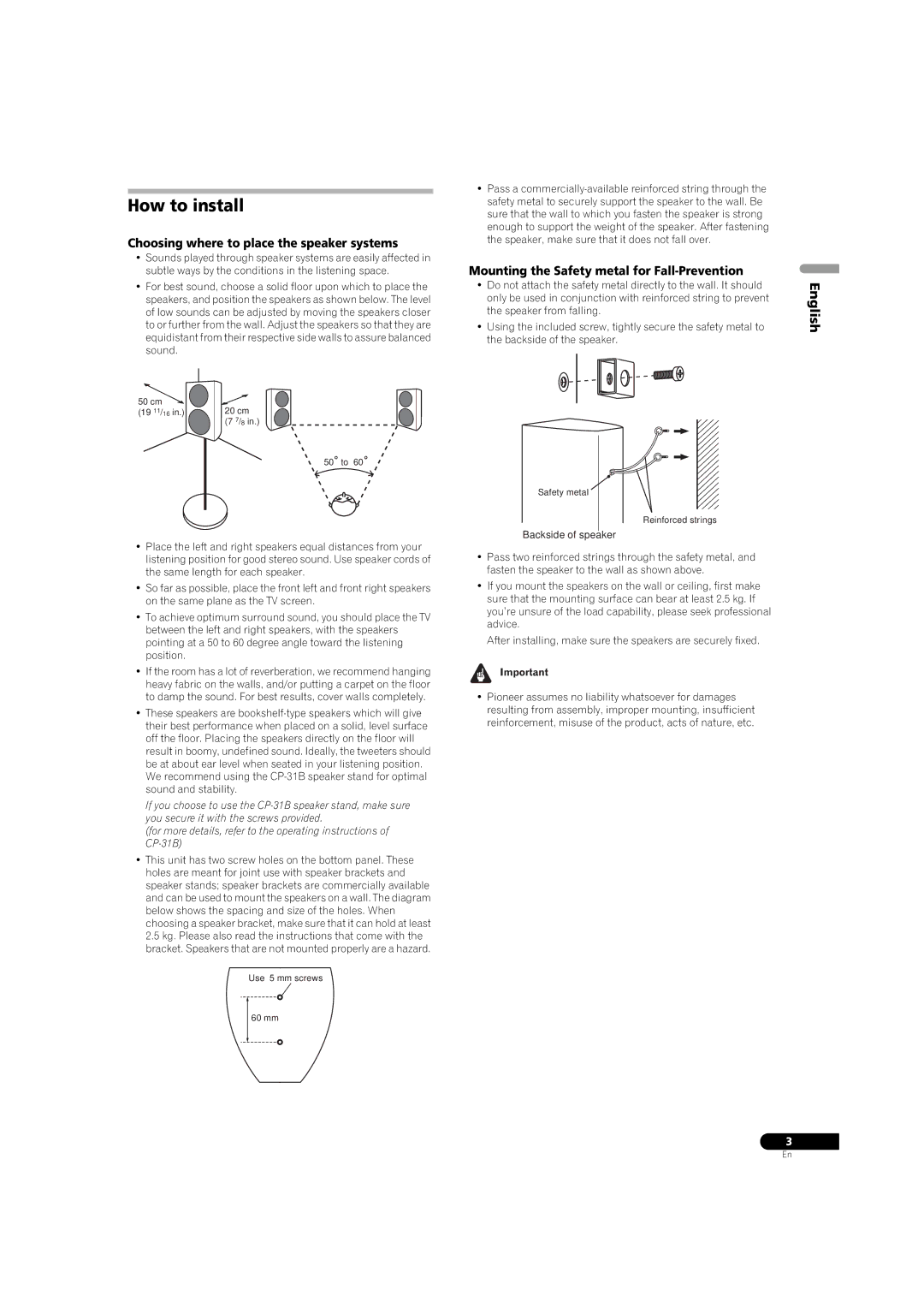 Pioneer S-31B-LR-K, S-31B-LR-QL manual How to install, English, Choosing where to place the speaker systems 