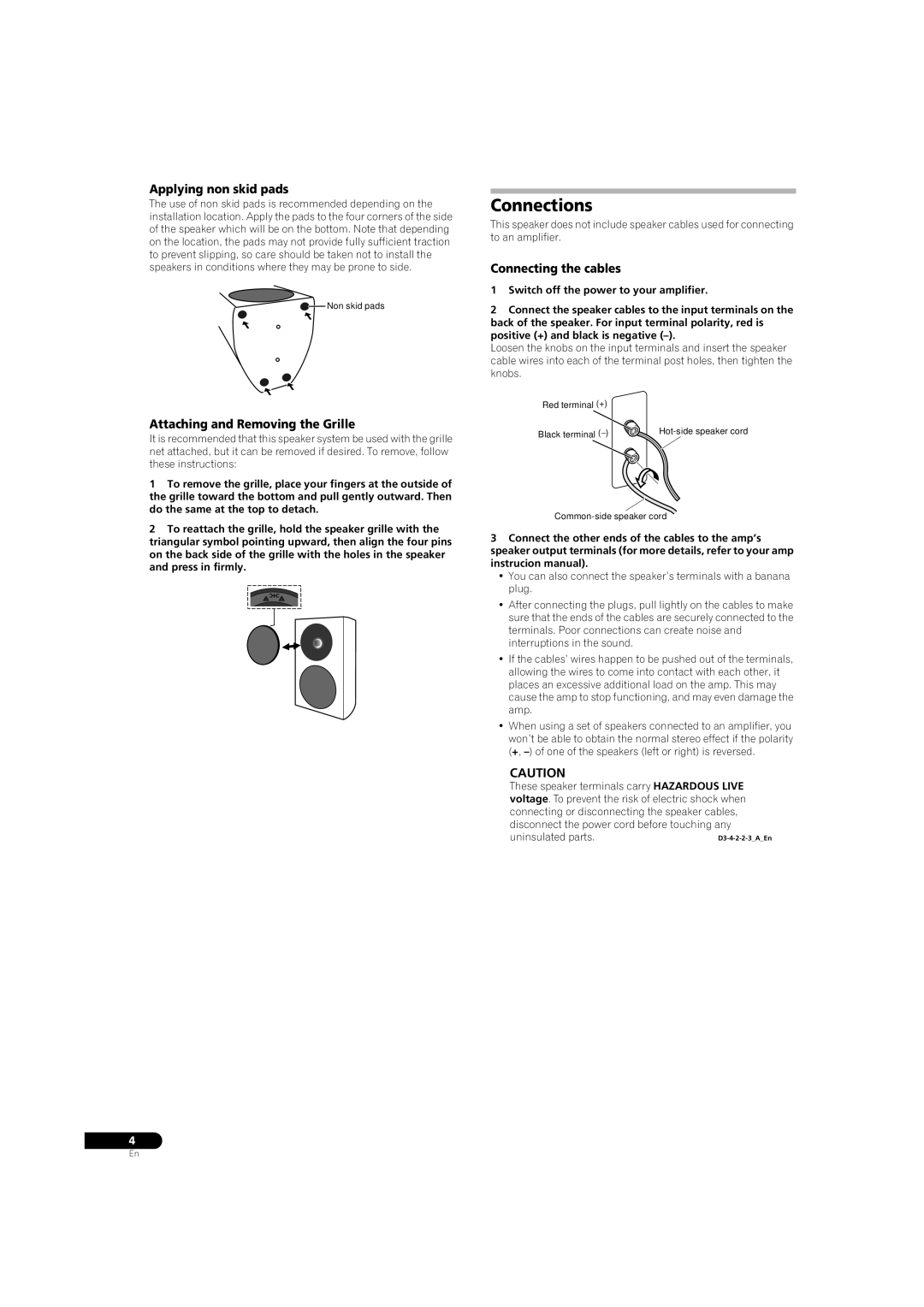 Pioneer S-31B-LR-QL manual Connections, Applying non skid pads, Attaching and Removing the Grille, Connecting the cables 