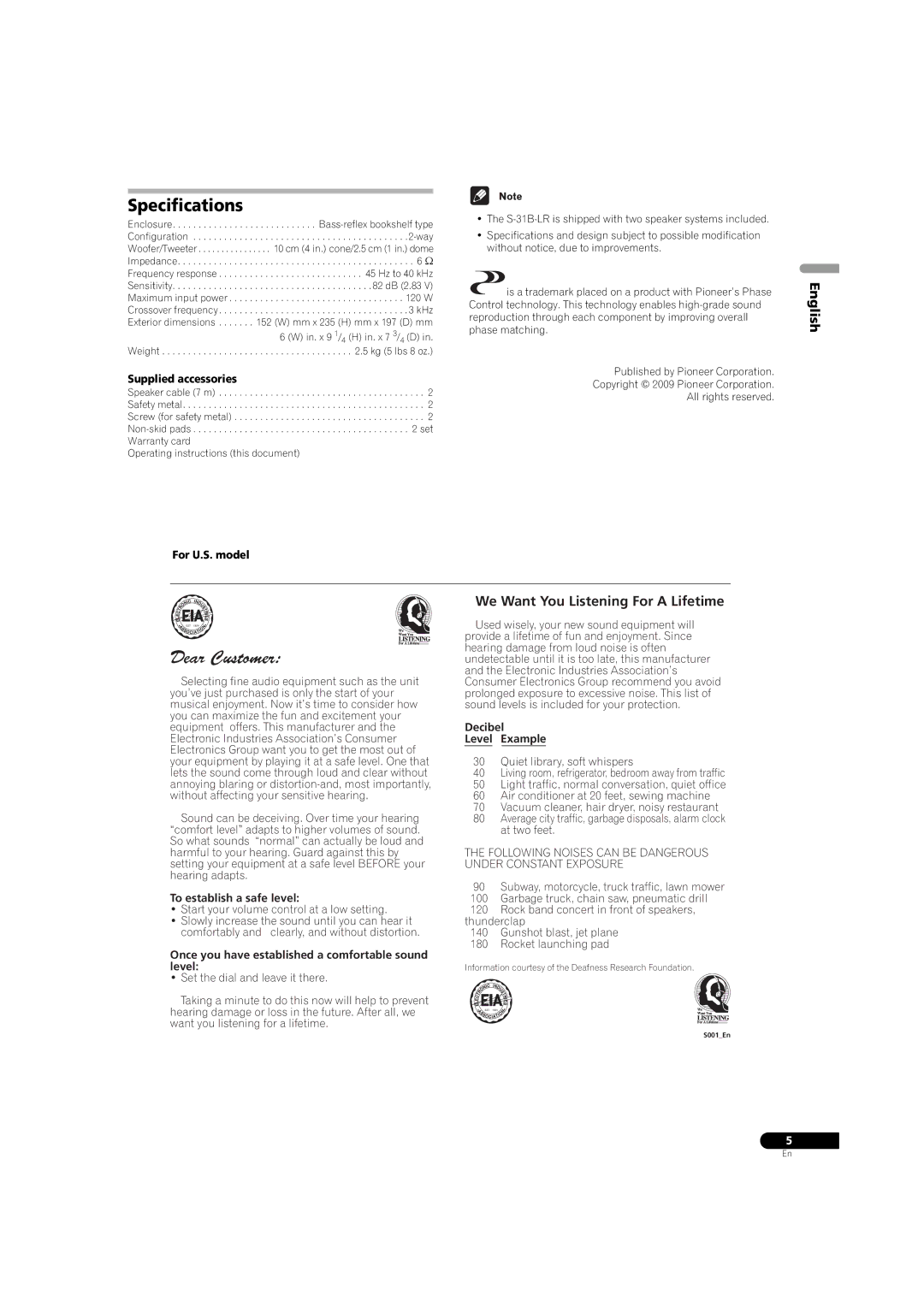 Pioneer S-31B-LR-K, S-31B-LR-QL Specifications, Supplied accessories, To establish a safe level, Decibel Level Example 