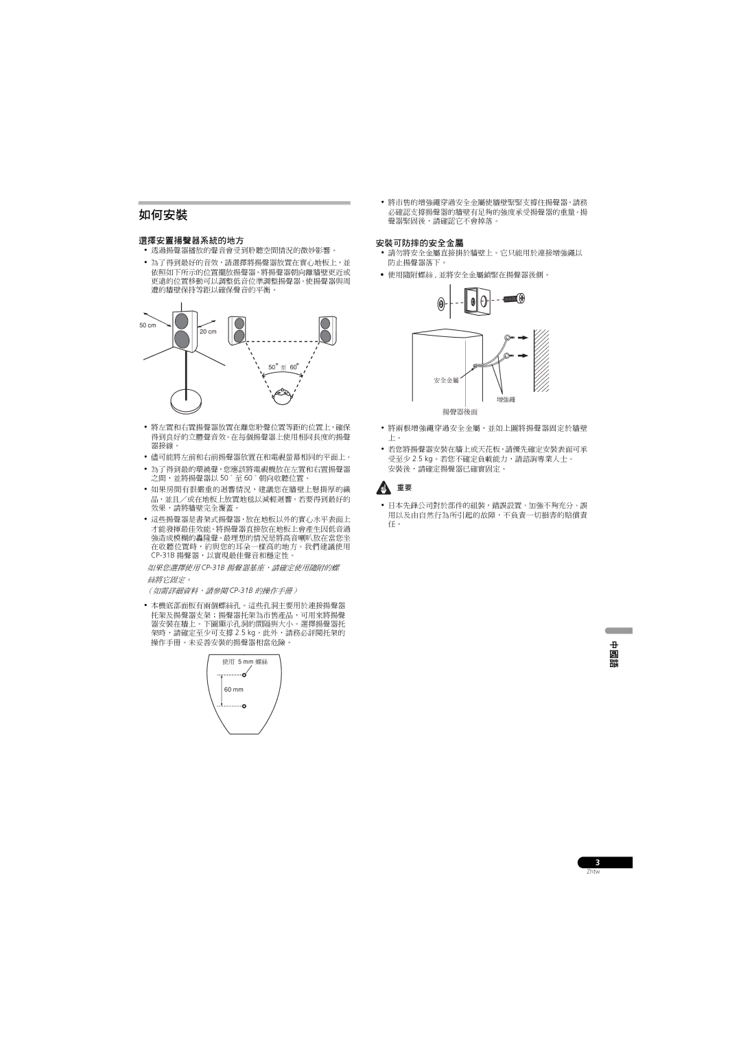 Pioneer S-31B-LR-K, S-31B-LR-QL manual 如何安裝 