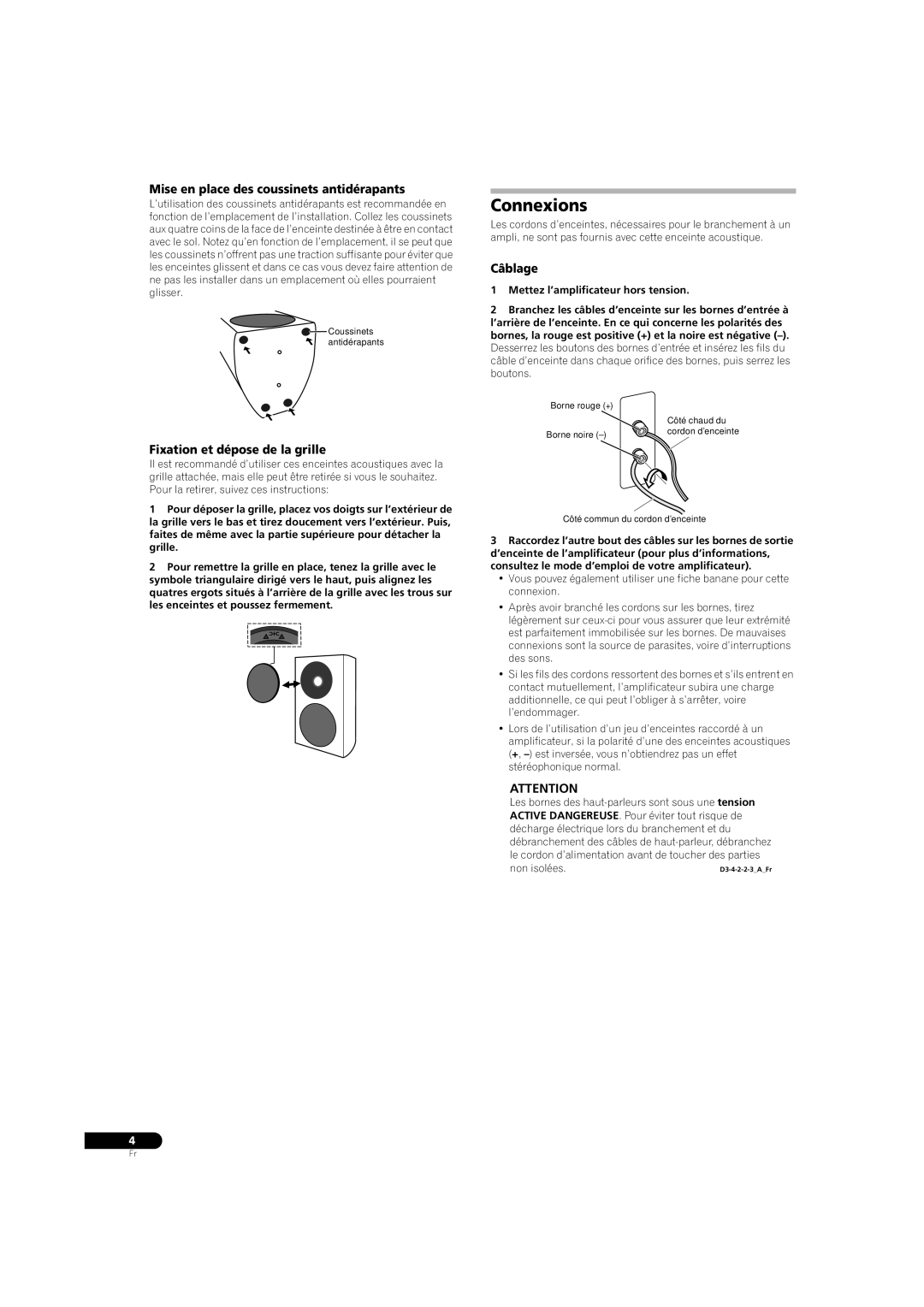 Pioneer S-31B-LR-QL manual Connexions, Mise en place des coussinets antidérapants, Fixation et dépose de la grille, Câblage 