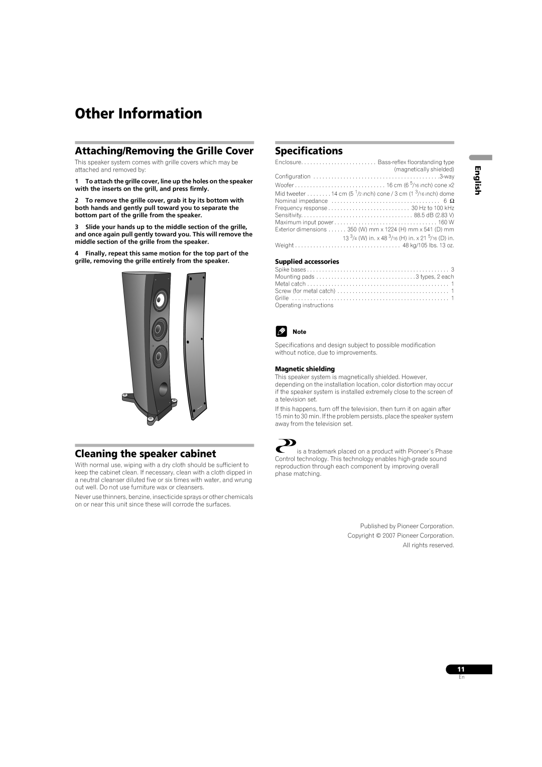 Pioneer S-3EX manual Other Information, Attaching/Removing the Grille Cover, Cleaning the speaker cabinet, Specifications 