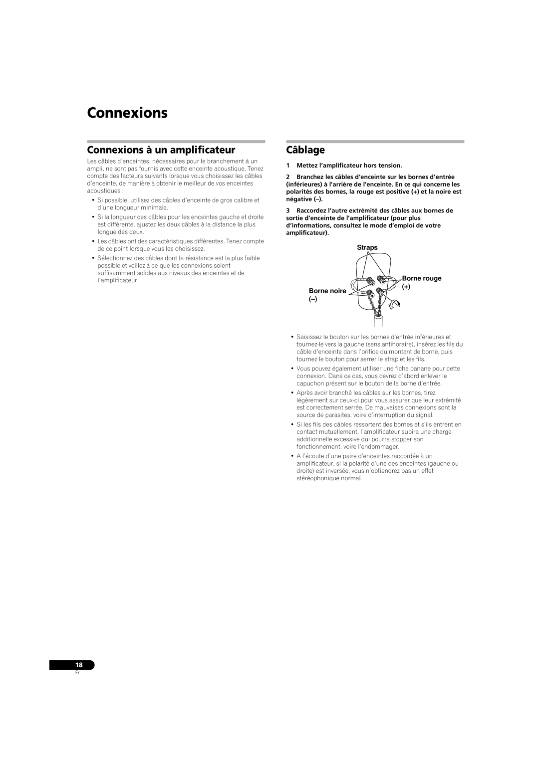 Pioneer S-3EX manual Connexions à un amplificateur, Câblage, Straps, Borne noire Borne rouge 