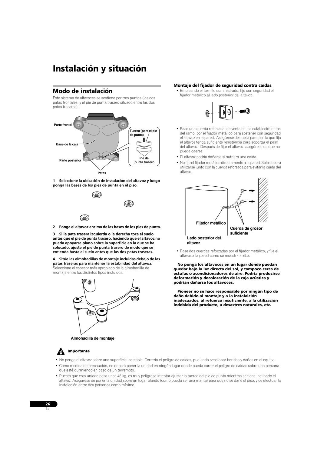 Pioneer S-3EX Instalación y situación, Modo de instalación, Montaje del fijador de seguridad contra caídas, Importante 