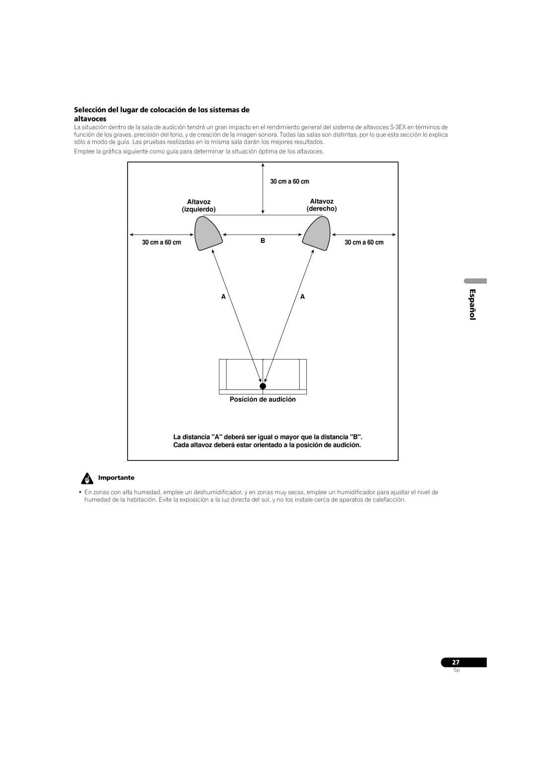 Pioneer S-3EX manual Altavoz Izquierdo Derecho Cm a 60 cm, Posición de audición 