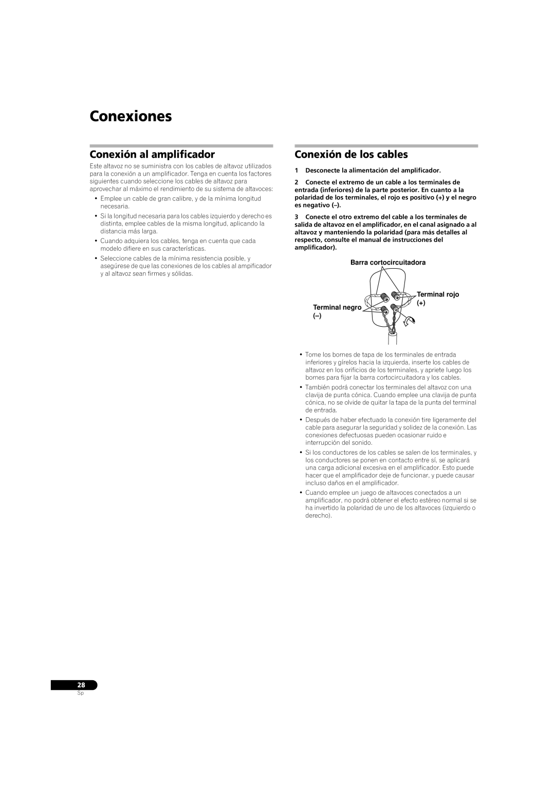 Pioneer S-3EX manual Conexiones, Conexión al amplificador, Conexión de los cables 