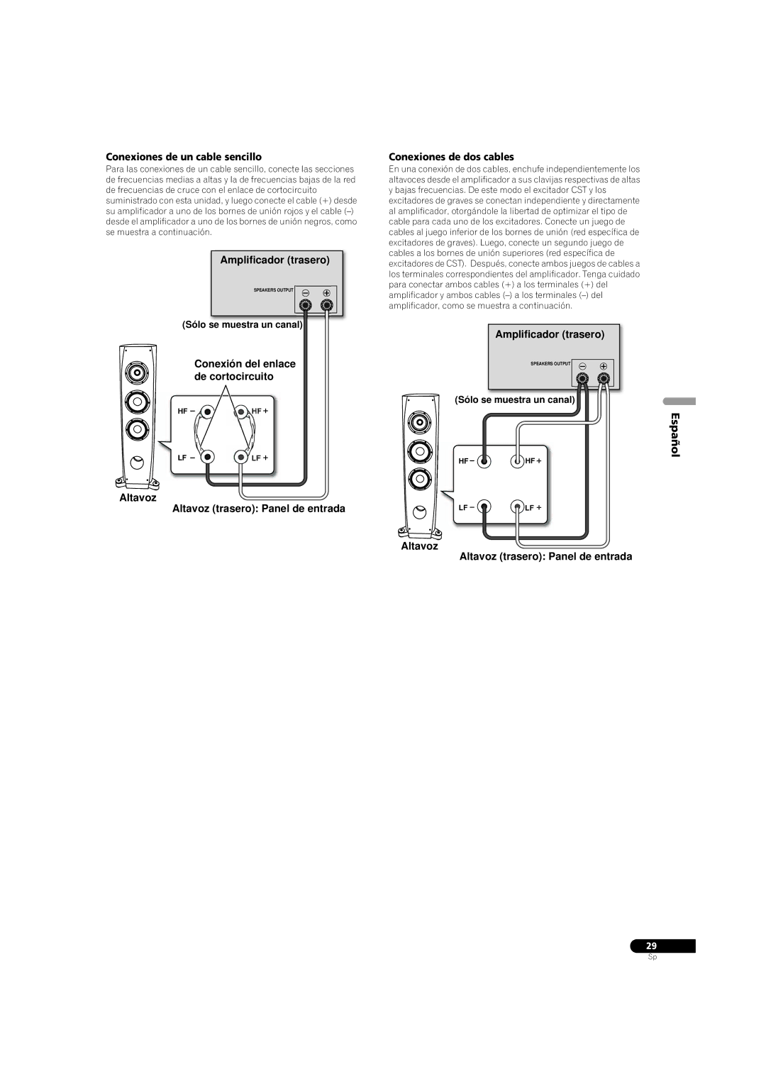 Pioneer S-3EX manual Conexiones de un cable sencillo, Sólo se muestra un canal 