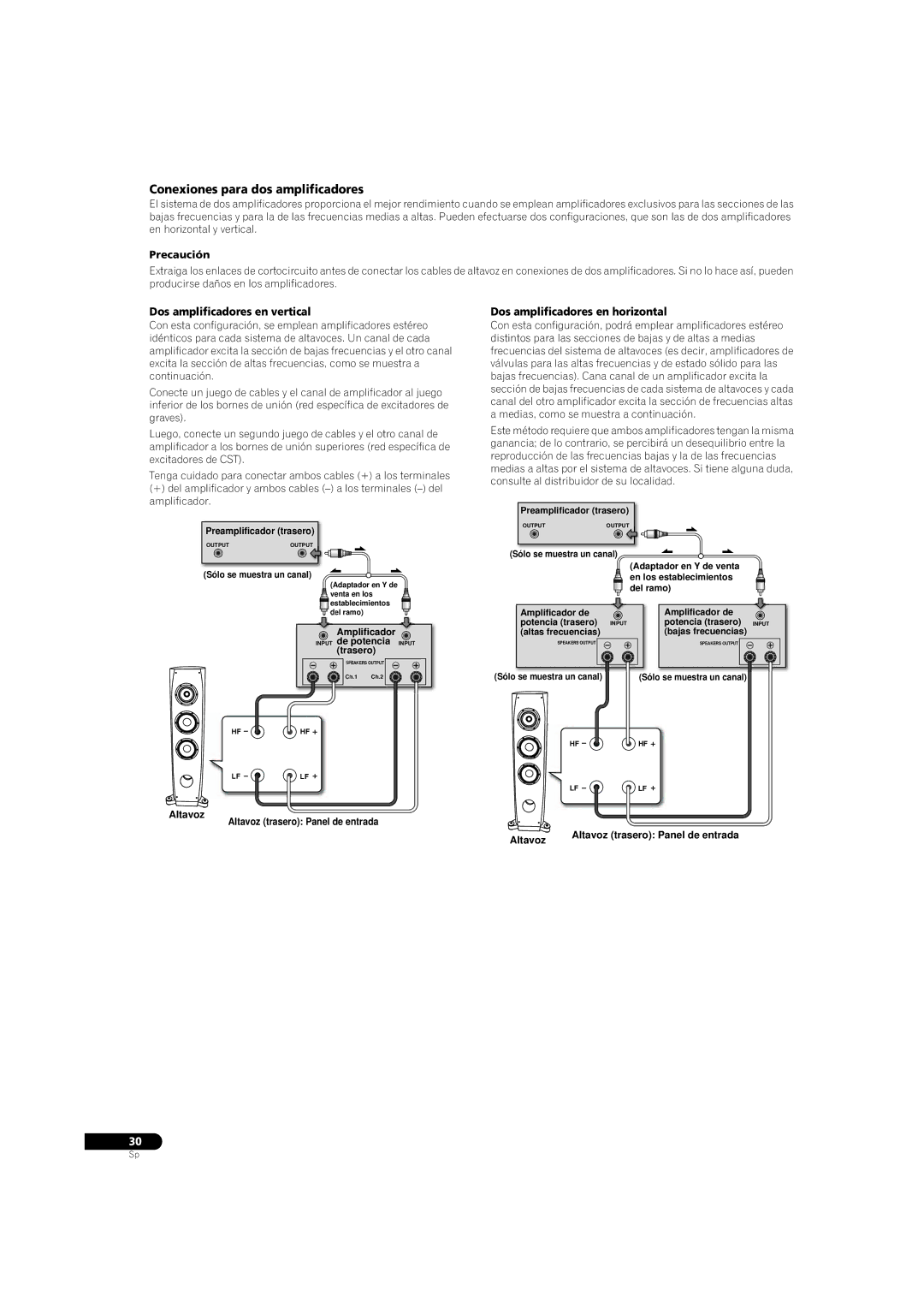 Pioneer S-3EX manual Conexiones para dos amplificadores, Dos amplificadores en vertical, Dos amplificadores en horizontal 