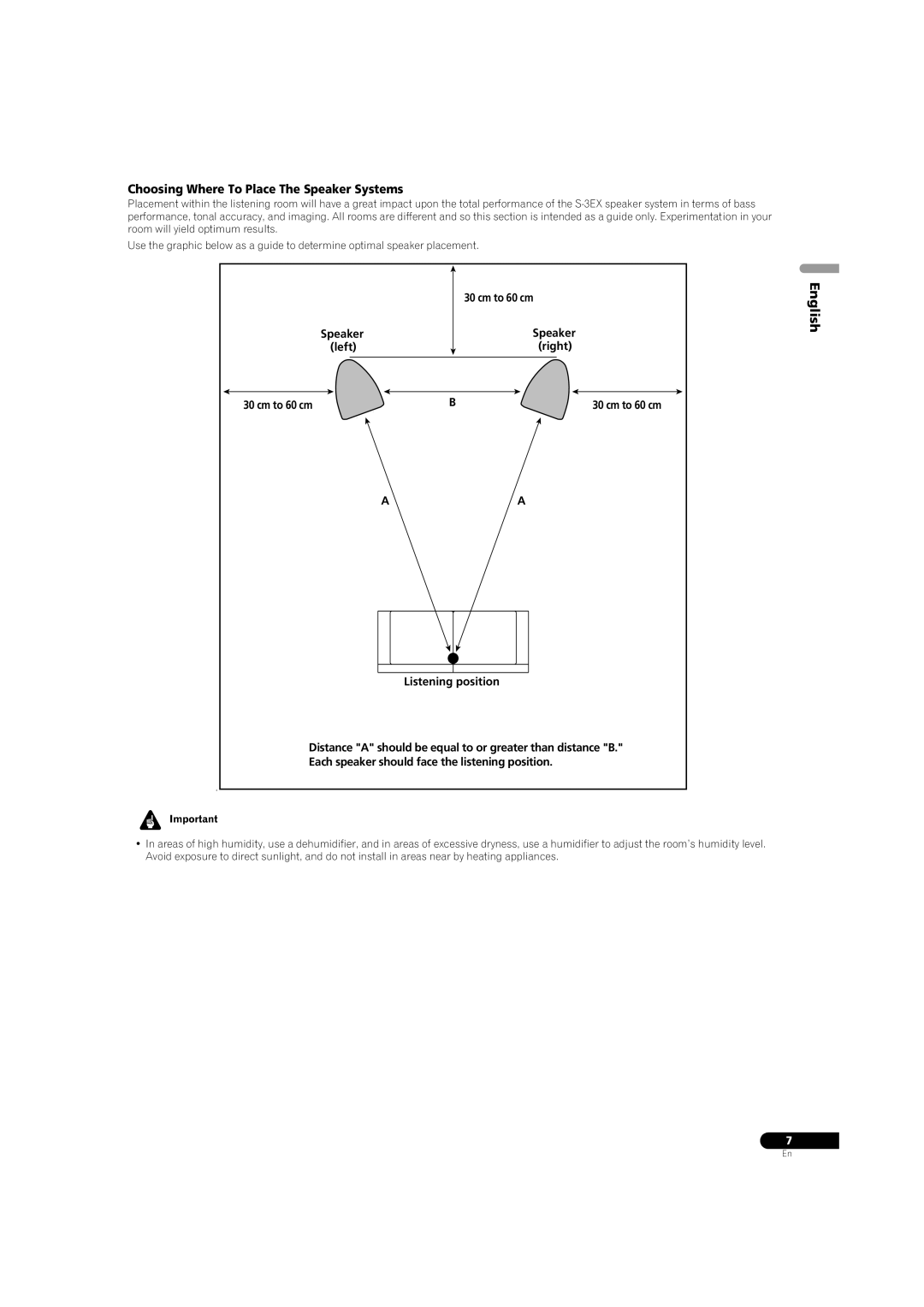 Pioneer S-3EX manual Choosing Where To Place The Speaker Systems, Left Right Cm to 60 cm 