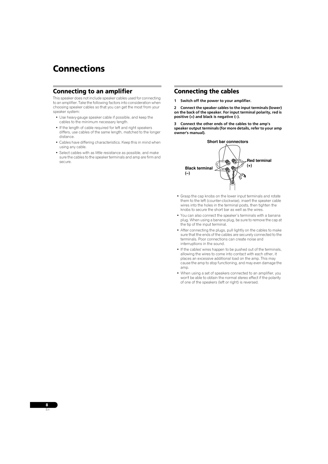 Pioneer S-3EX manual Connections, Connecting to an amplifier, Connecting the cables, Short bar connectors 