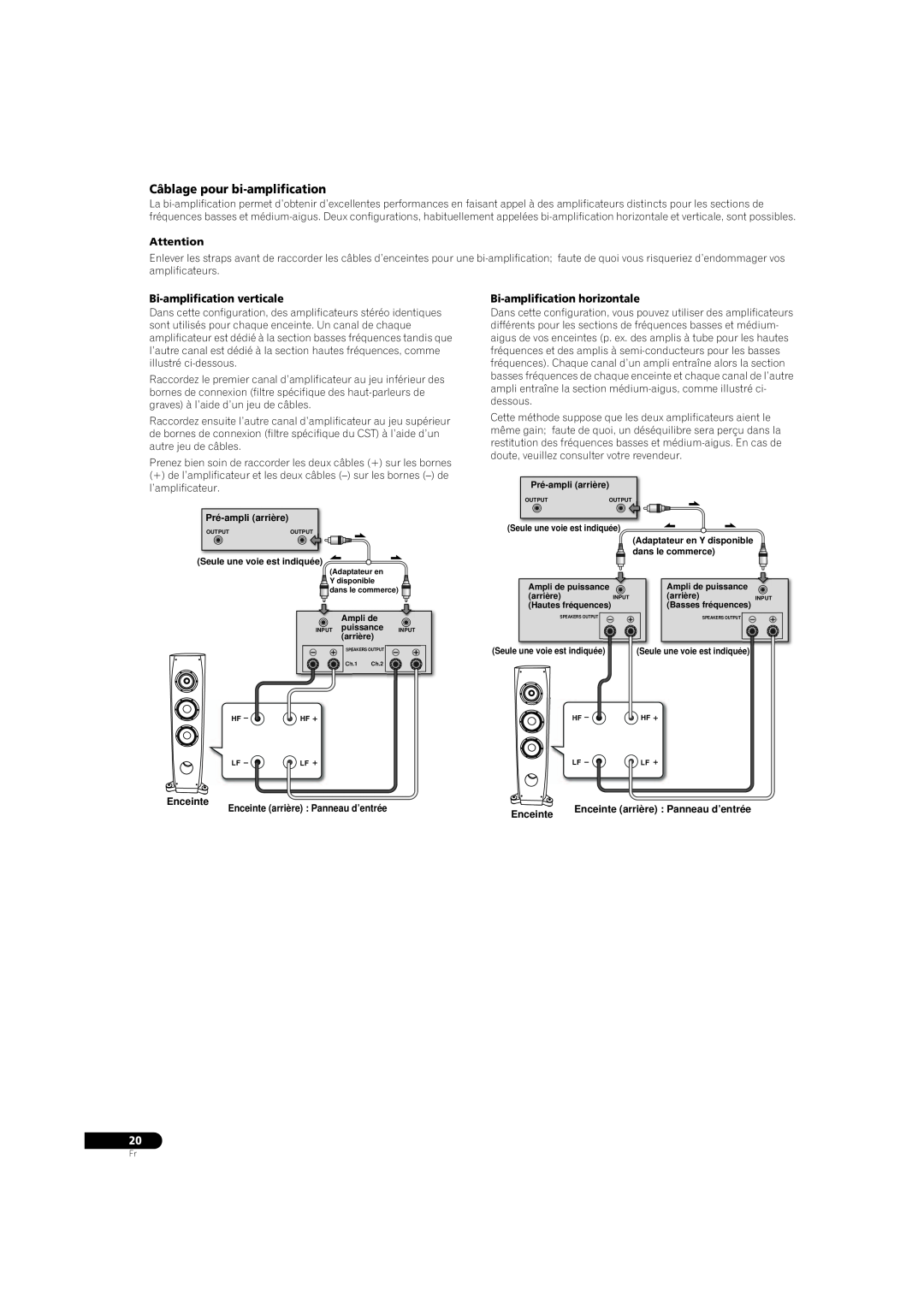 Pioneer S-3EX manual Câblage pour bi-amplification, Bi-amplificationverticale, Bi-amplificationhorizontale, Enceinte 