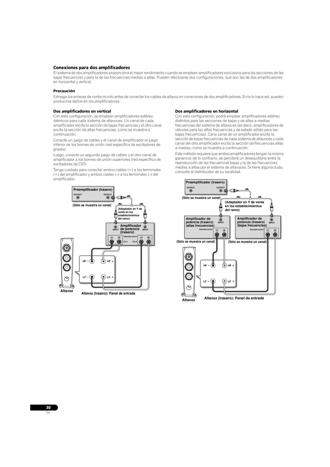Pioneer S-3EX manual Conexiones para dos amplificadores, Dos amplificadores en vertical, Dos amplificadores en horizontal 