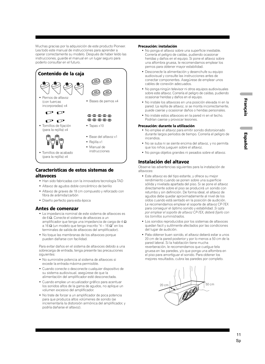 Pioneer S-7EX Contenido de la caja, Características de estos sistemas de altavoces, Antes de comenzar, Franç ais Españ ol 