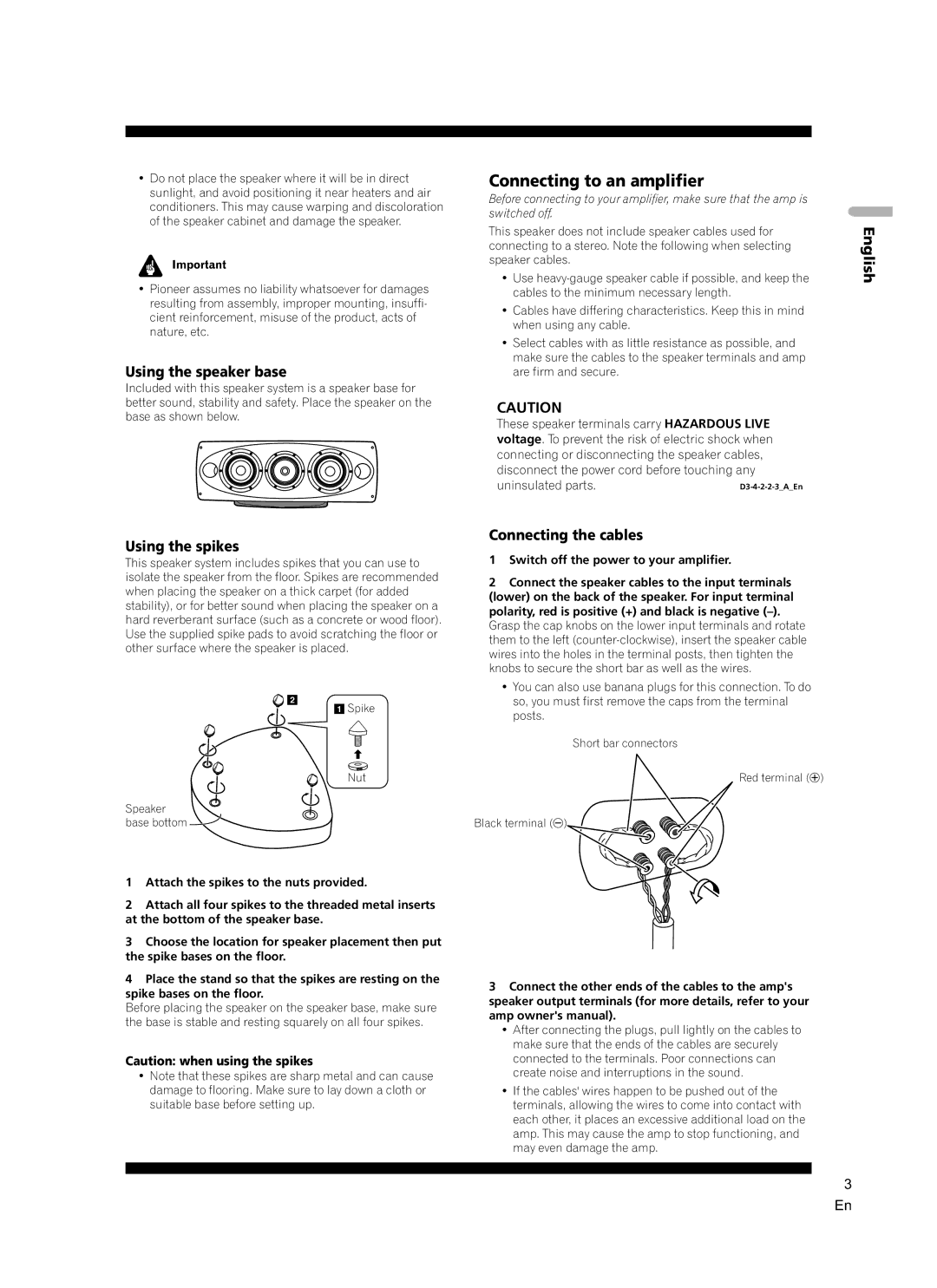 Pioneer S-7EX manual Connecting to an amplifier, Using the speaker base, English Using the spikes, Connecting the cables 
