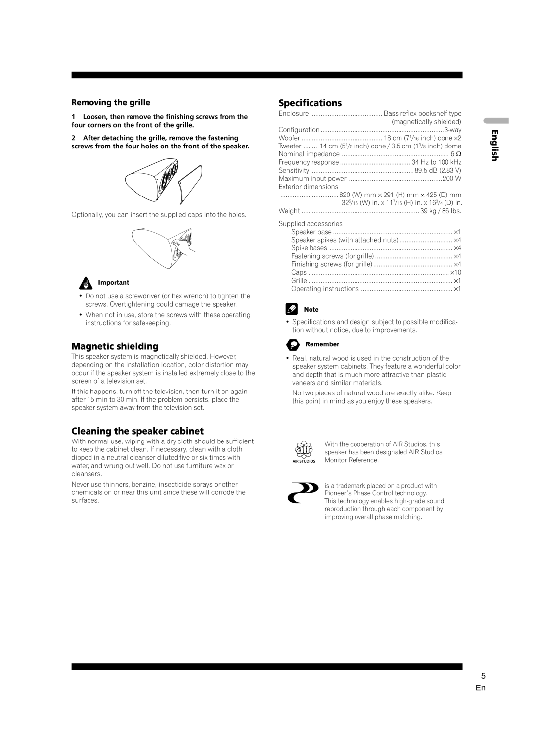 Pioneer S-7EX manual Magnetic shielding, Cleaning the speaker cabinet, Specifications, Removing the grille 