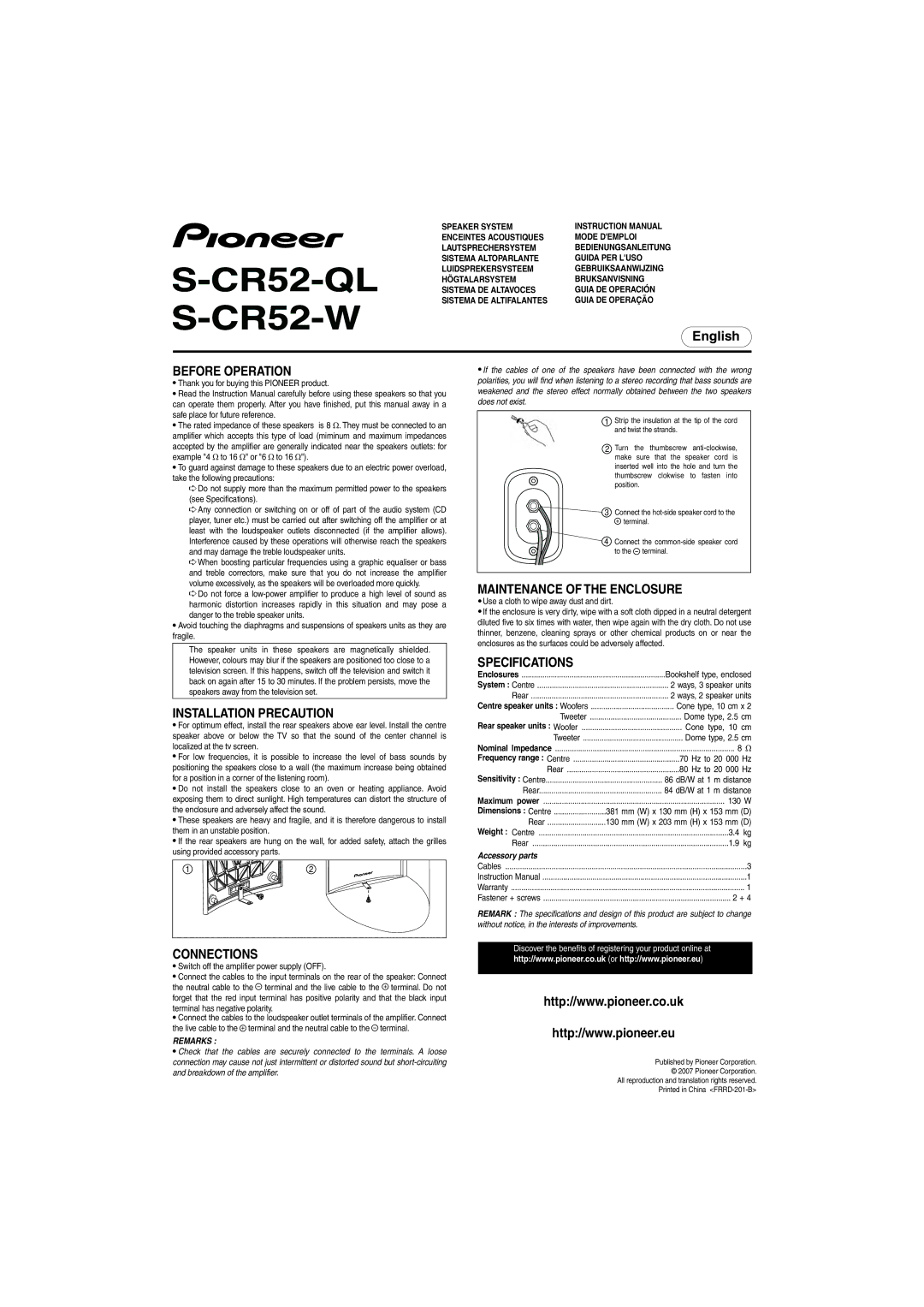 Pioneer S-CR52-QL specifications Maintenance of the Enclosure, Installation Precaution, Connections, Accessory parts 