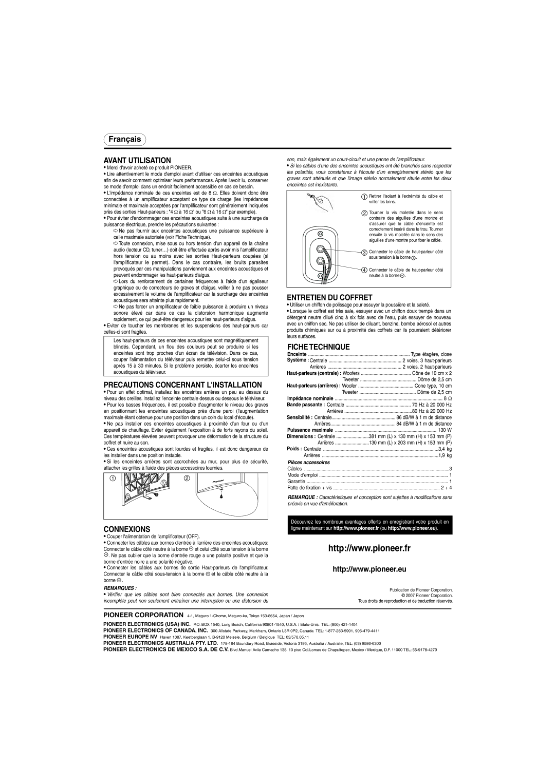 Pioneer S-CR52-W, S-CR52-QL Avant Utilisation, Entretien DU Coffret, Fiche Technique, Pièces accessoires, Remarques 