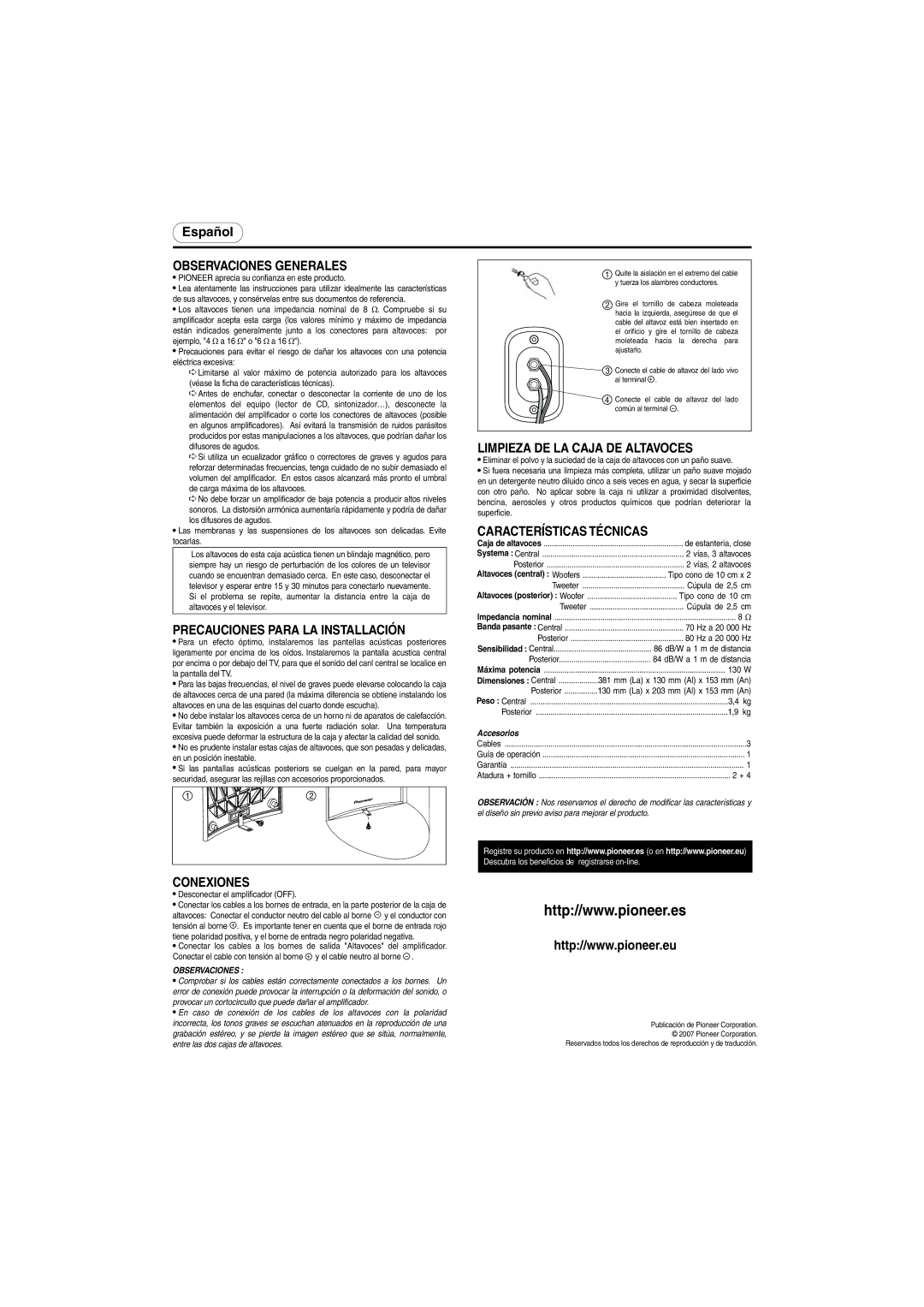 Pioneer S-CR52-QL Observaciones Generales, Precauciones Para LA Installación, Limpieza DE LA Caja DE Altavoces, Conexiones 