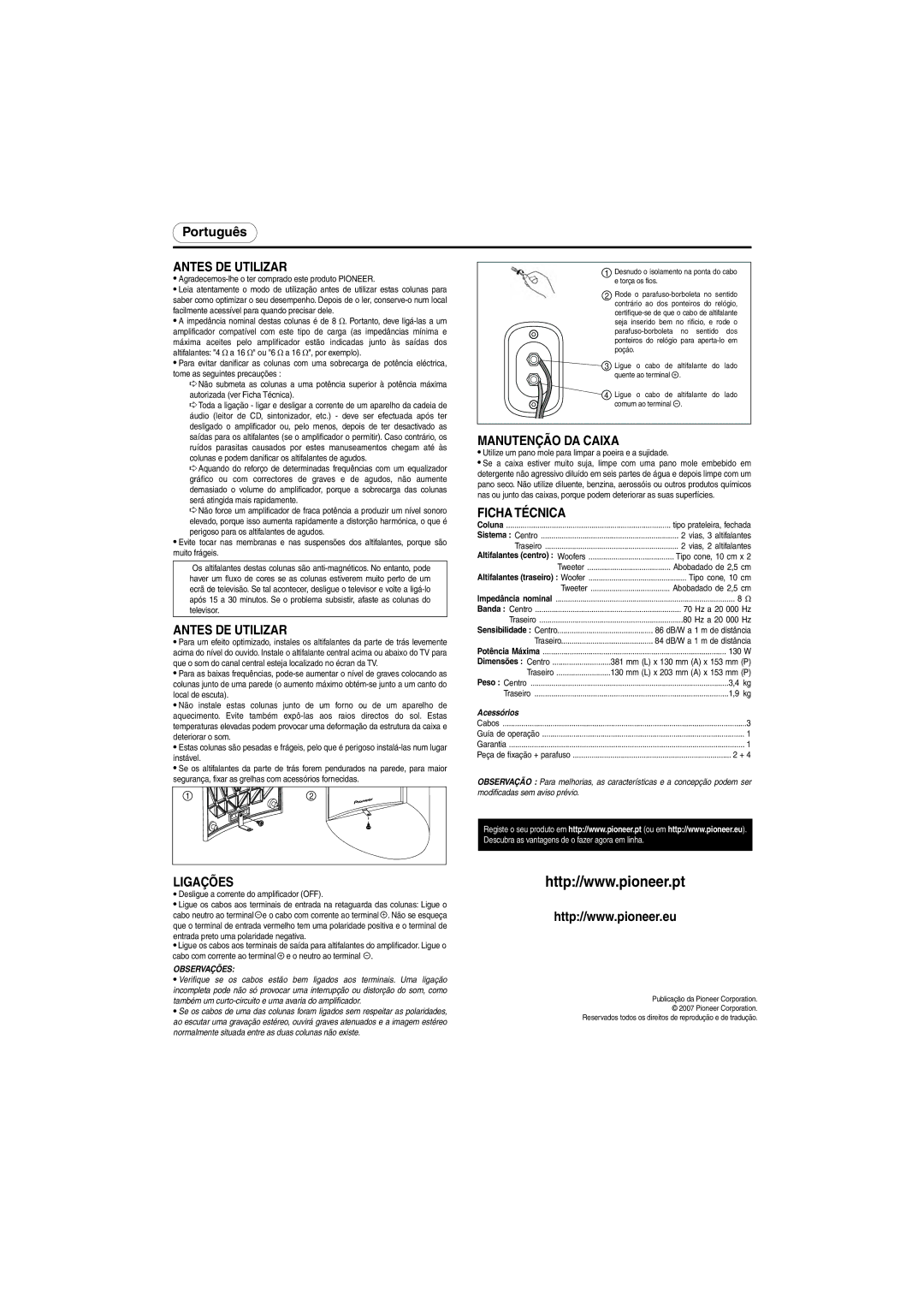 Pioneer S-CR52-W, S-CR52-QL specifications Antes DE Utilizar, Manutenção DA Caixa, Ficha Técnica, Ligações, Observações 