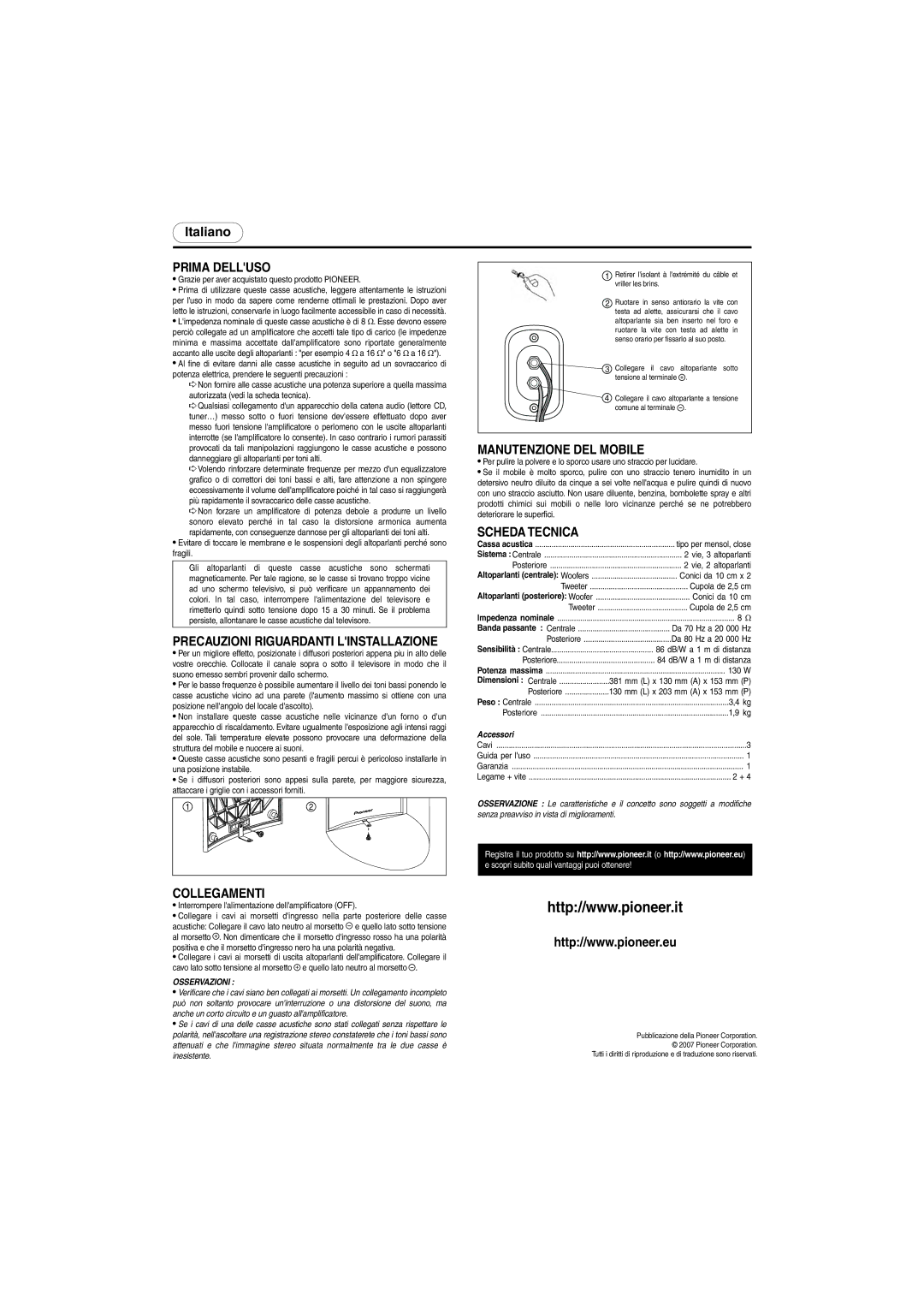 Pioneer S-CR52-QL, S-CR52-W specifications Prima Delluso, Manutenzione DEL Mobile, Scheda Tecnica, Collegamenti 