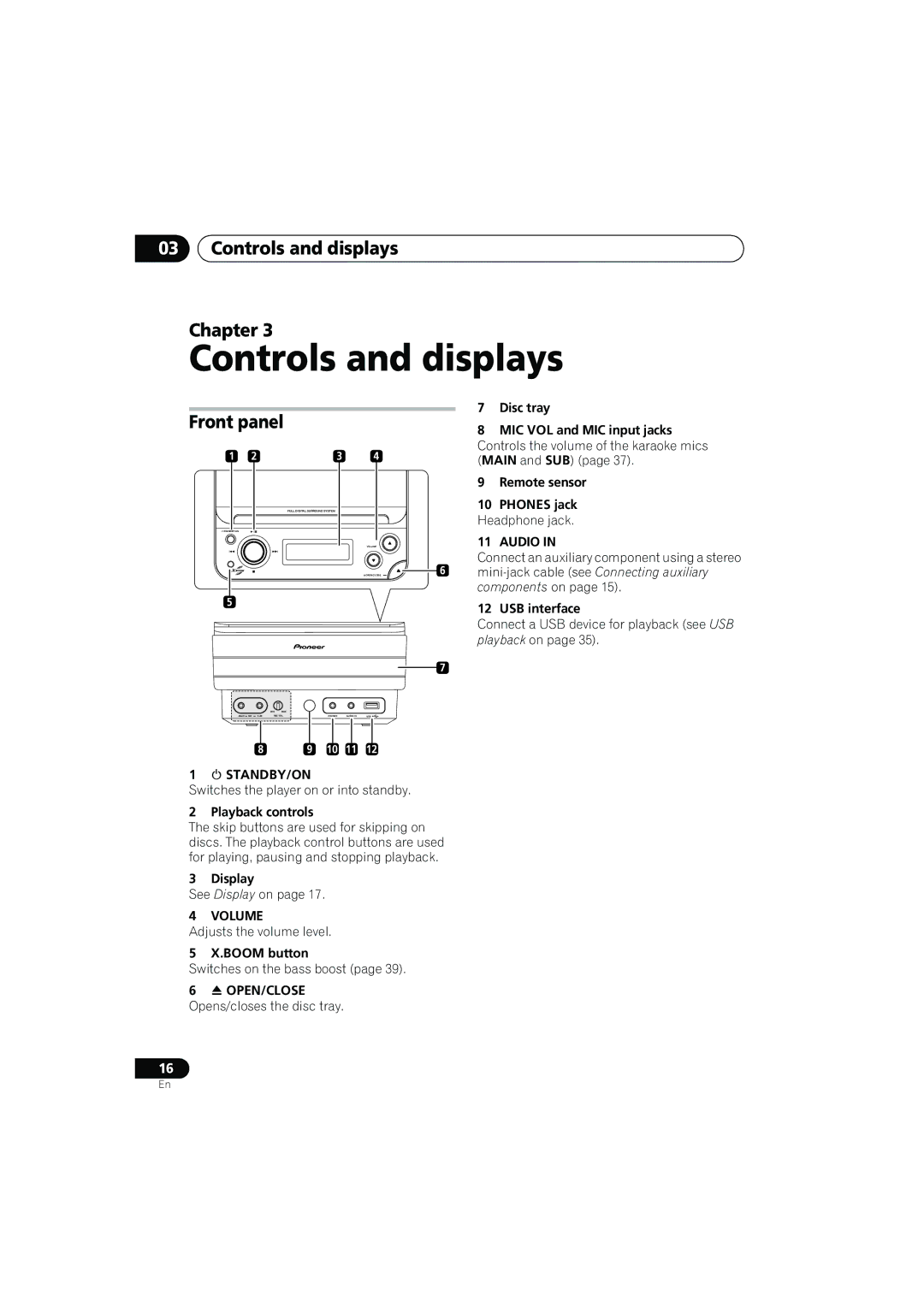 Pioneer S-CX505, S-CX303, S-CX500, XV-CX303, XV-CX505 manual Controls and displays Chapter, Audio,  Standby/On, Volume 