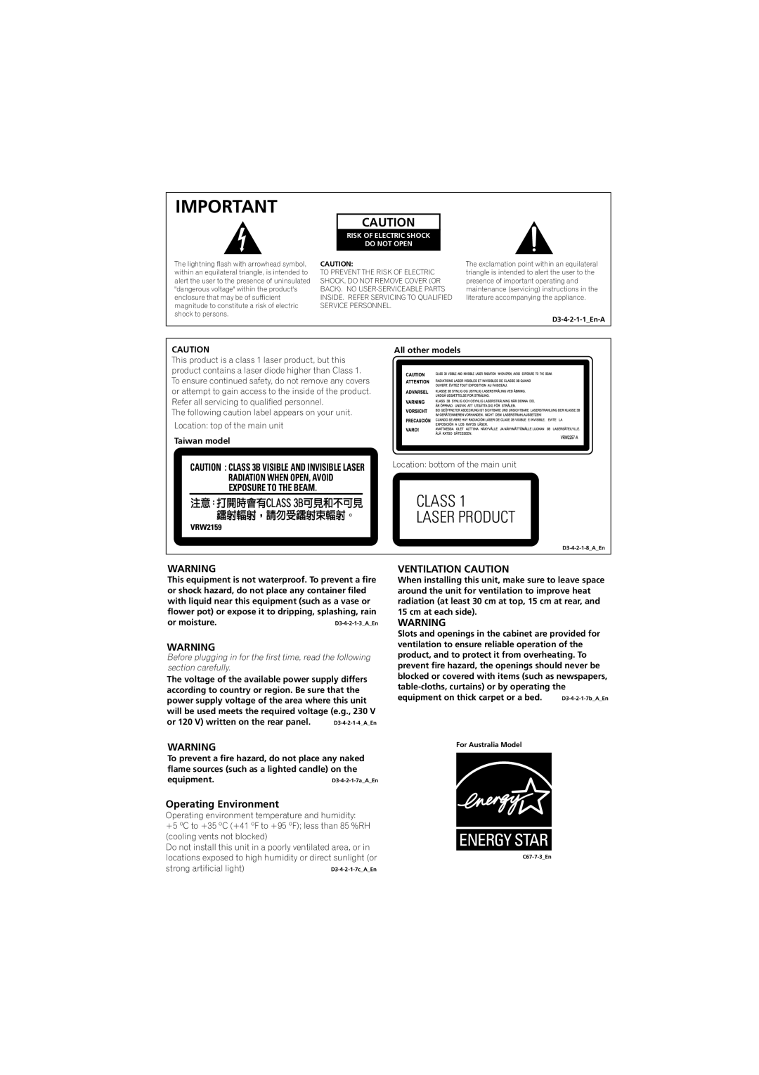 Pioneer S-CX500, S-CX505, S-CX303, XV-CX303, XV-CX505, XV-CX500 manual Ventilation Caution, Operating Environment 