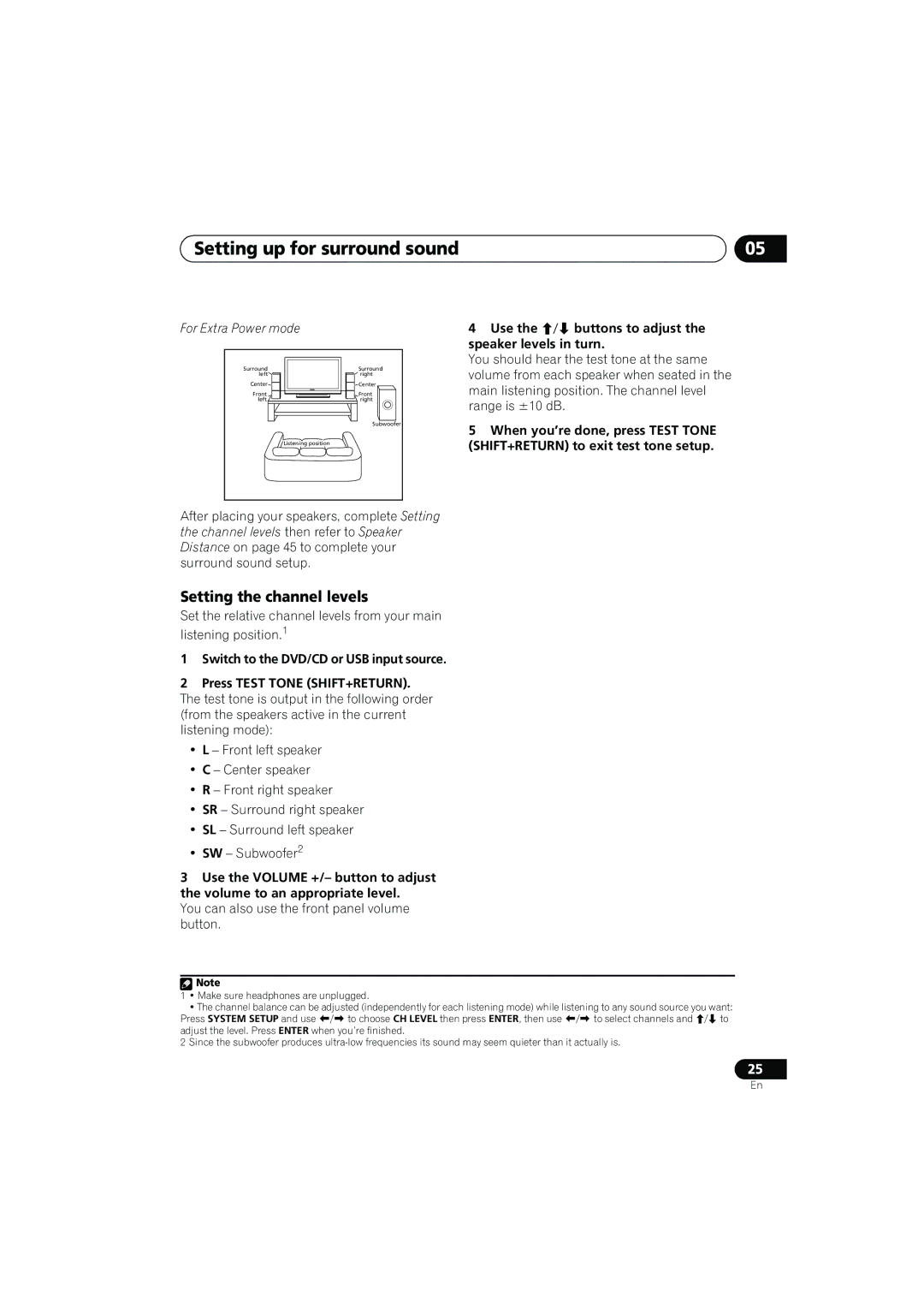 Pioneer S-CX505, S-CX303, S-CX500 manual Setting up for surround sound, Setting the channel levels, For Extra Power mode 